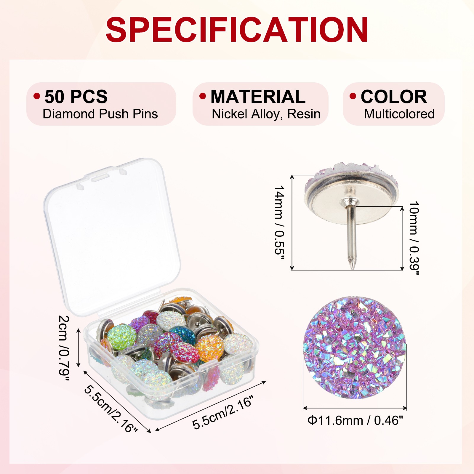 50Pcs Diamond Push Pins, Glitter Rhinestone Decorative Thumb Tacks, Multicolored