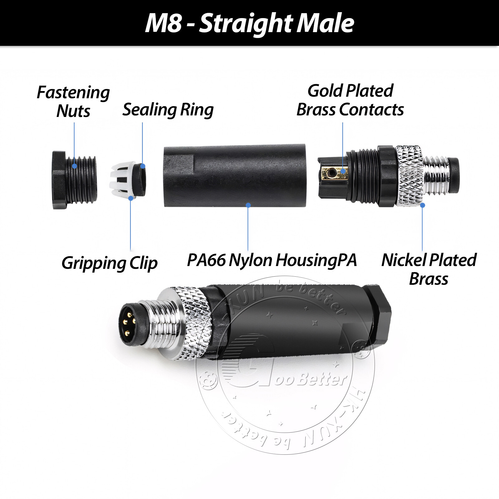PG7 M8 Sensor Connector 3 Pin / 4 Pin Male / Female Straight / Elbow Plug IP67