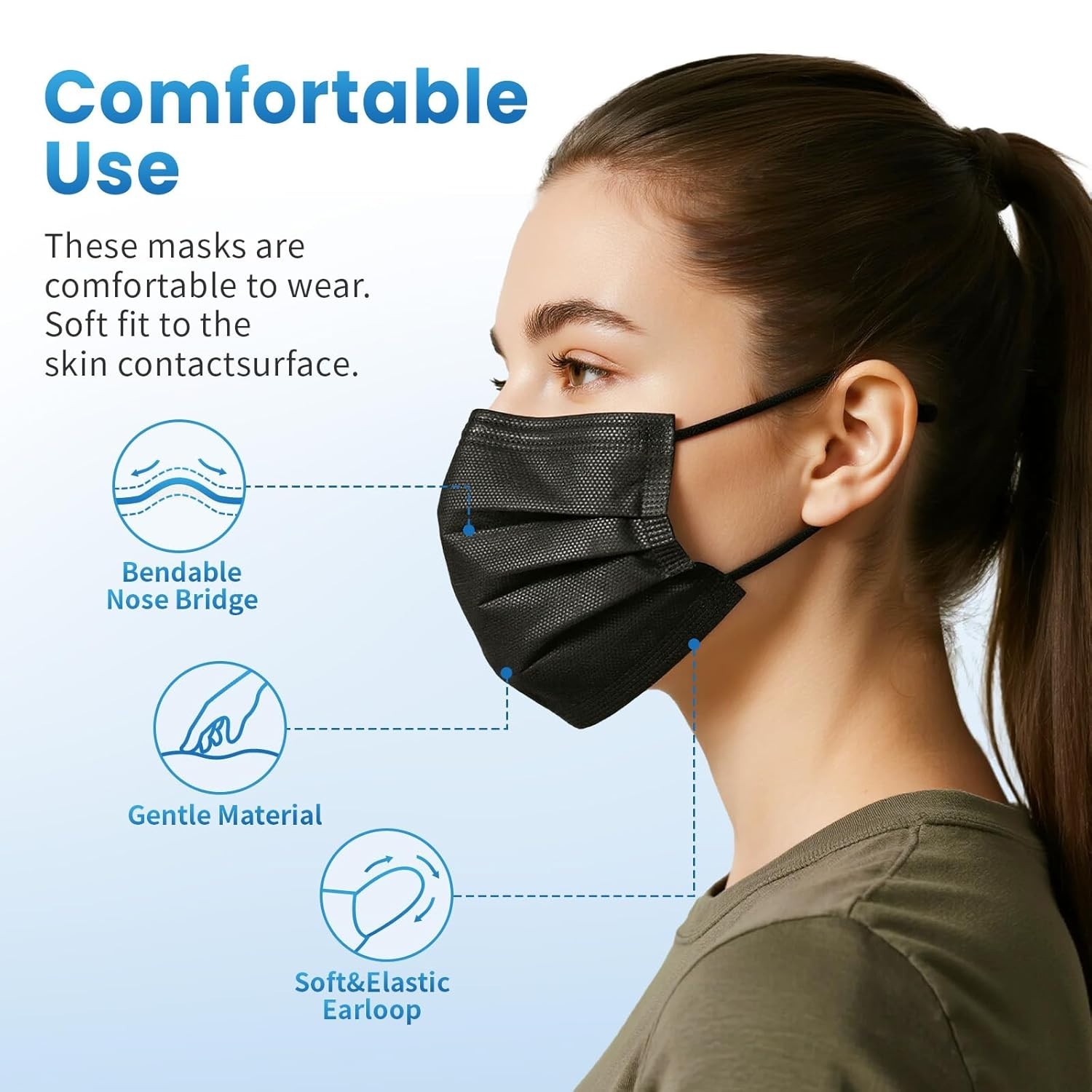 Comfortable 100 PCS Black Disposable Face Masks with Nose Wire – 3 Ply Safety