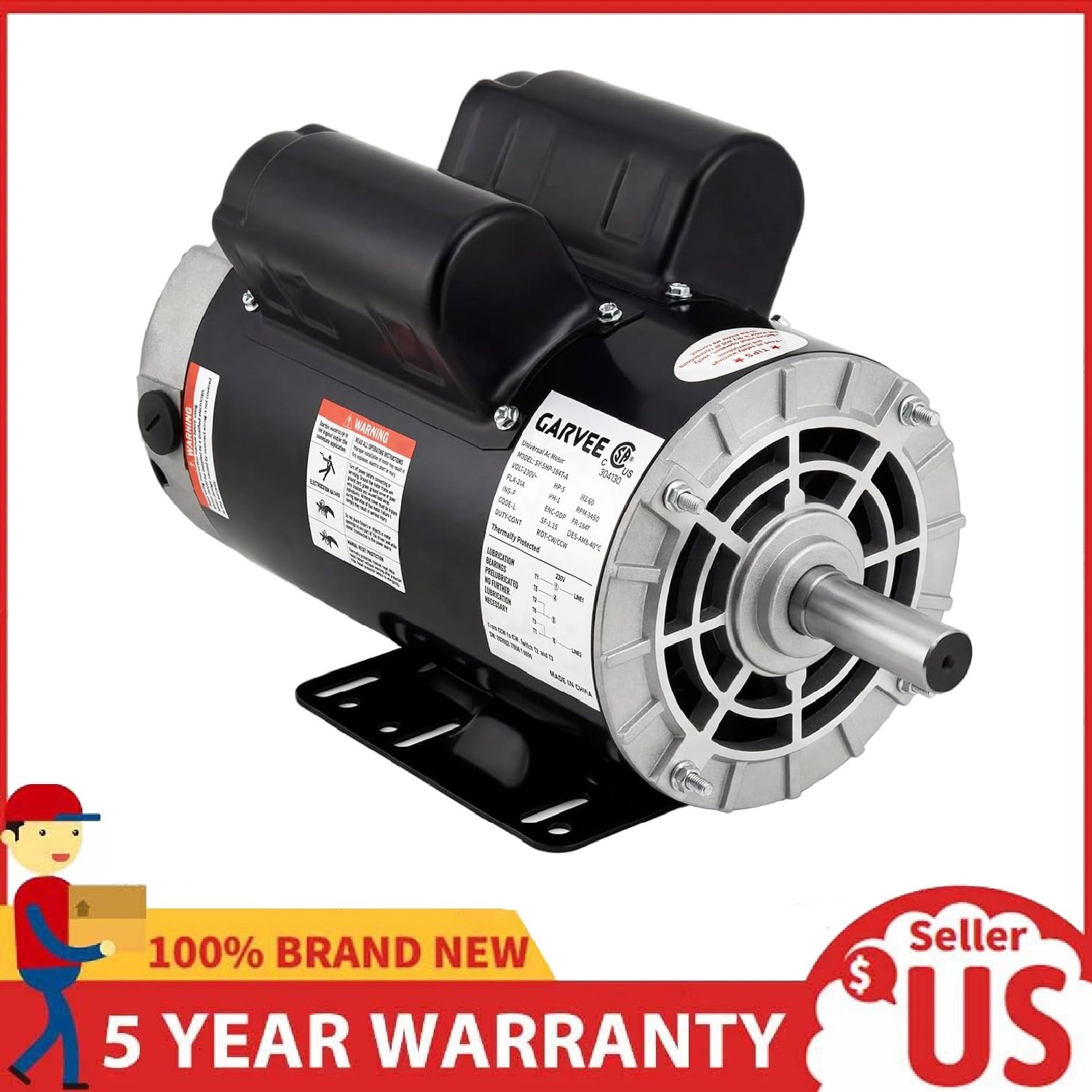 3HP SPL Air Compressor Electric Motor 230V 3450RPM 56 Frame Dual CW/CCW Rotation