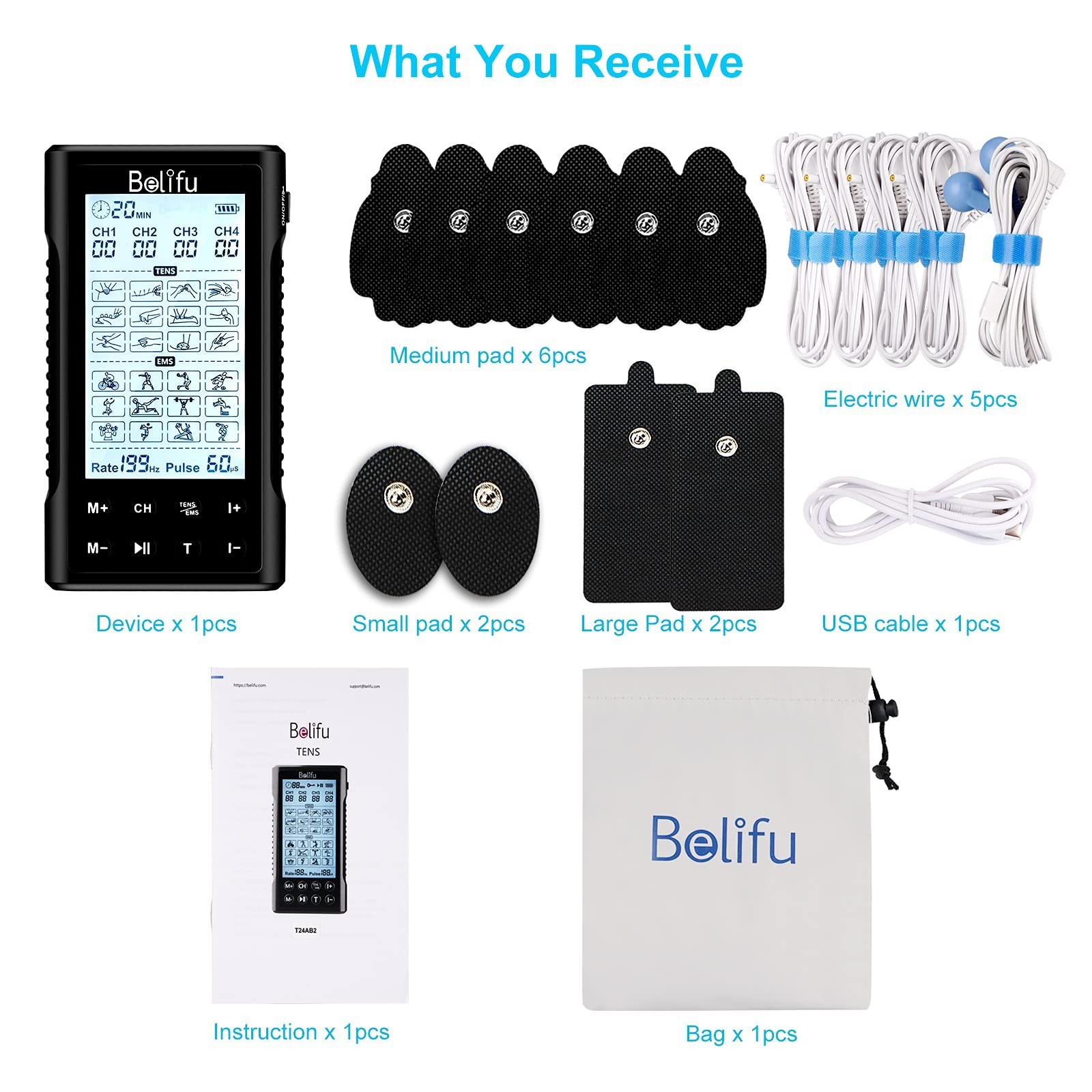 Belifu 4 Independent Channel TENS EMS Unit, 24 Modes,30 Level Inten… Fast Ship