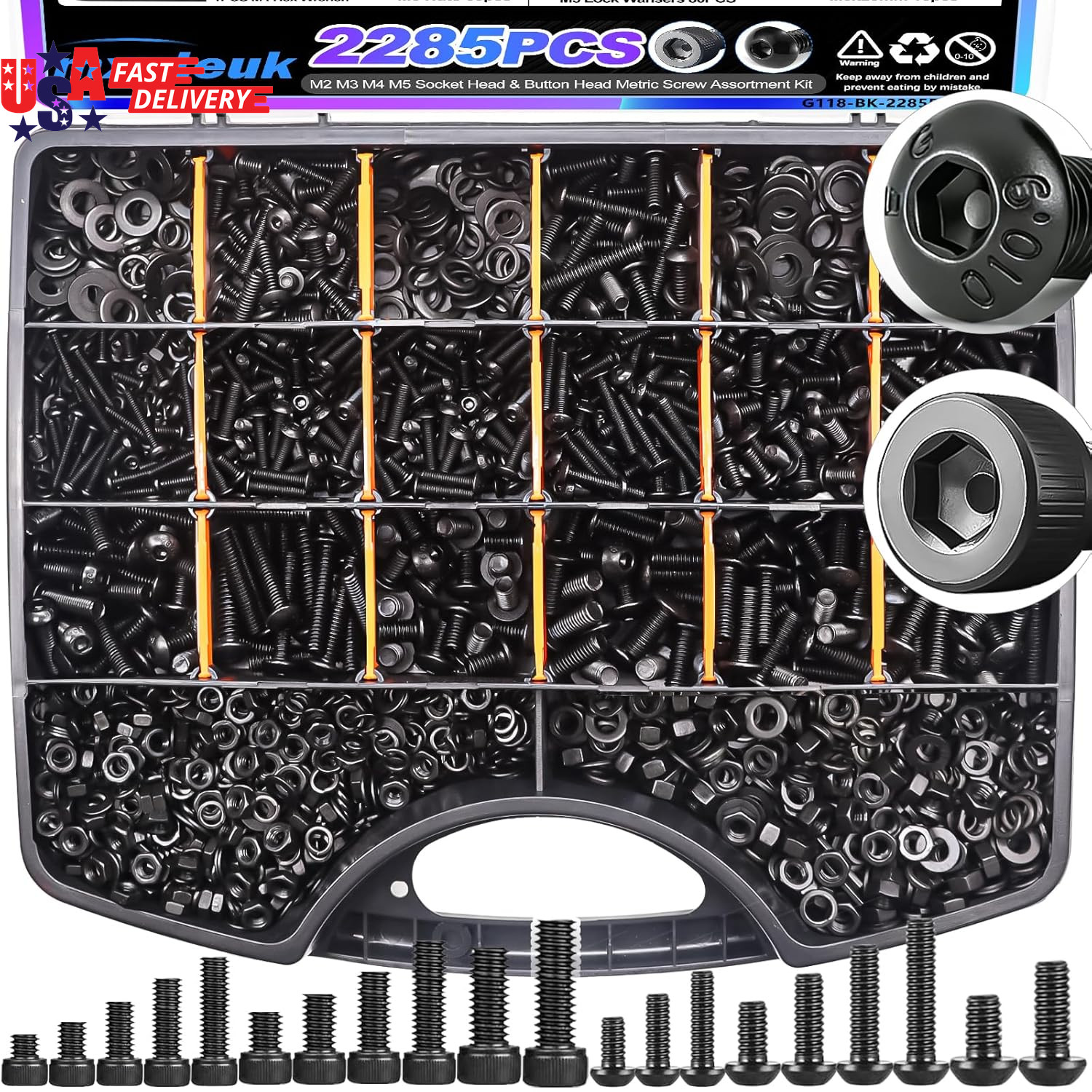 2285PCS Metric Screw Assortment Kit M2 M3 M4 M5 Hex Socket Button & Cap Head Bol
