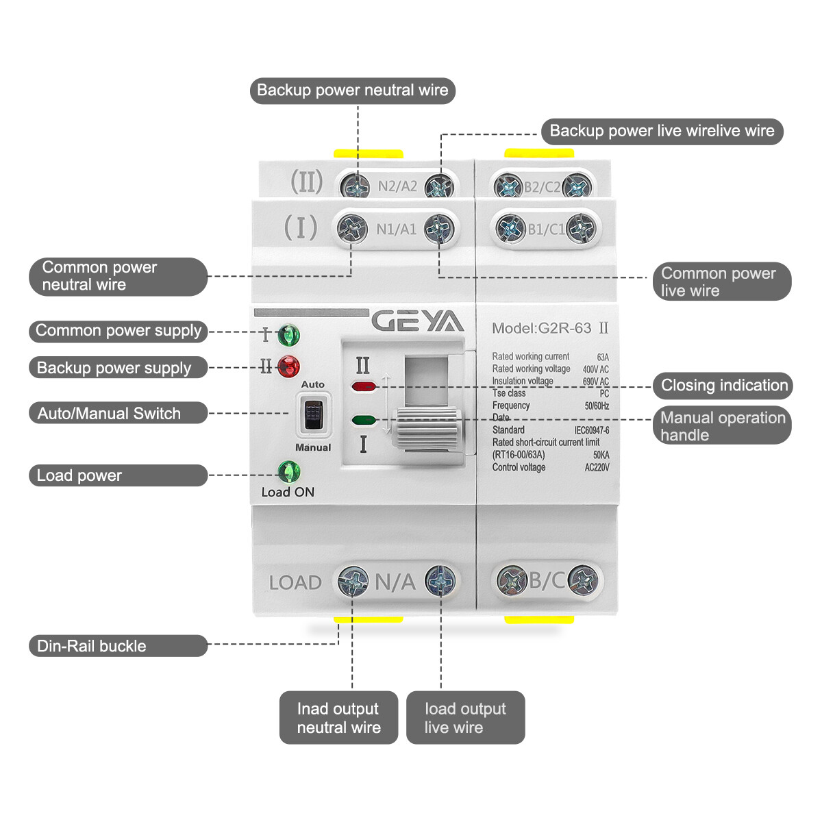 GEYA Mini Dual Power Automatic Transfer Switch 2P 63A 110V For Grid & Generator