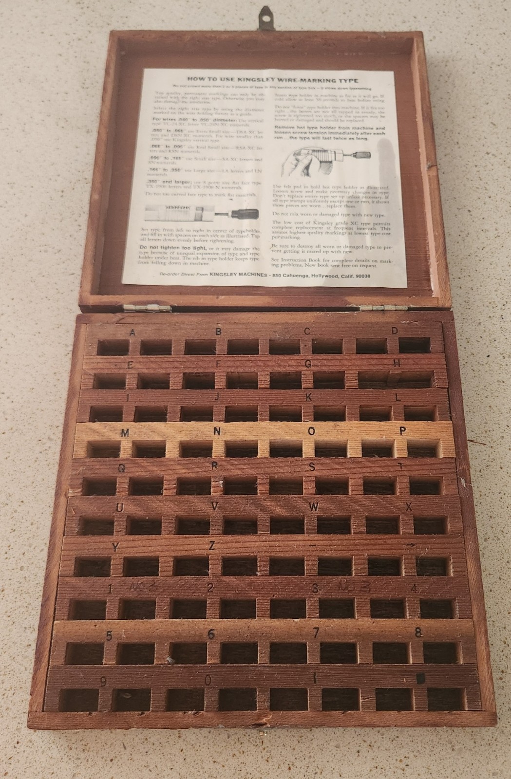 KINGSLEY Machine Co. Hollywood CA Wire Marking Type EMPTY Brass & Wood Box VTG