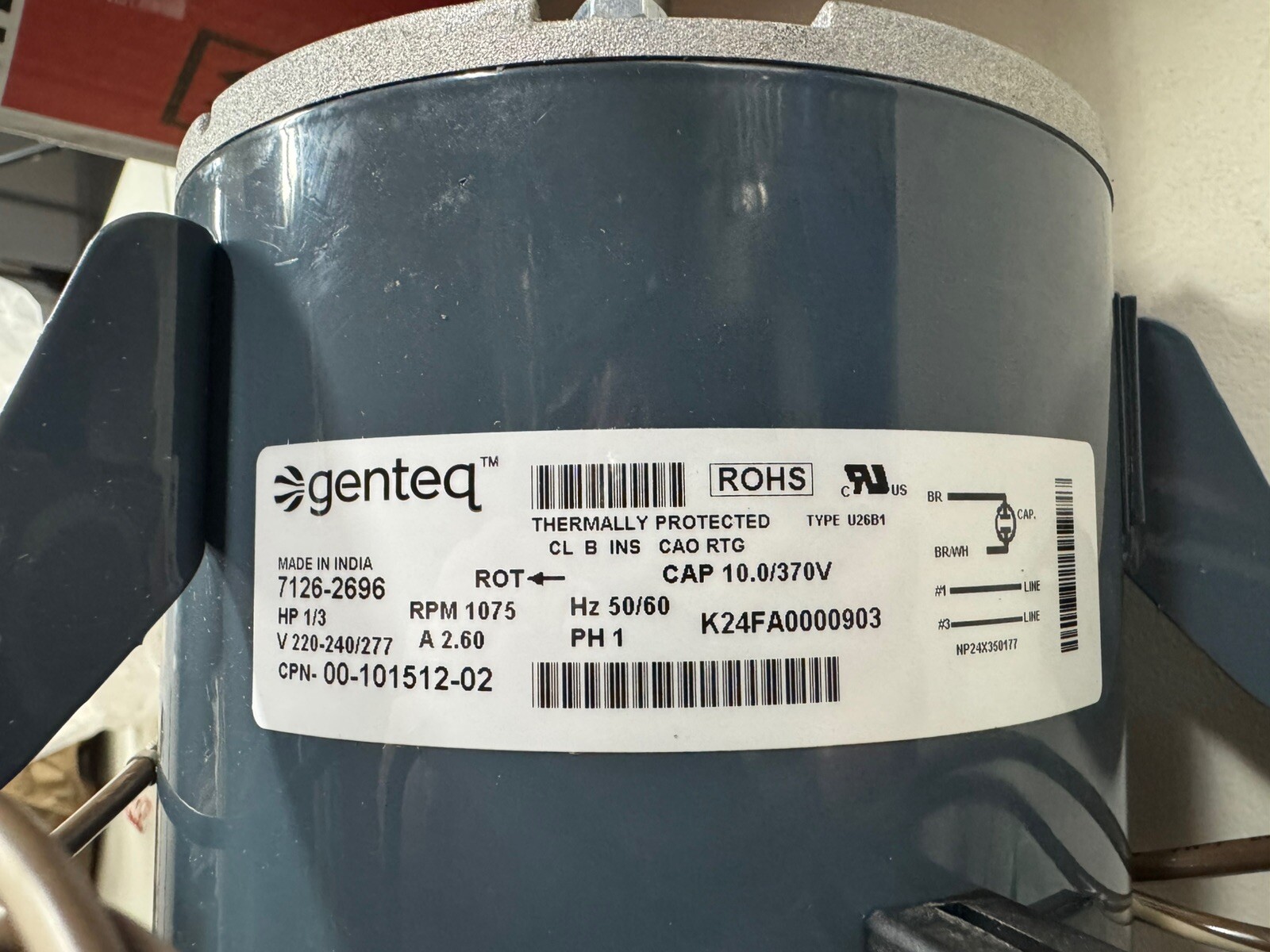 Titus 10151202 Motor, 277V, 1/3 Hp, Ccw