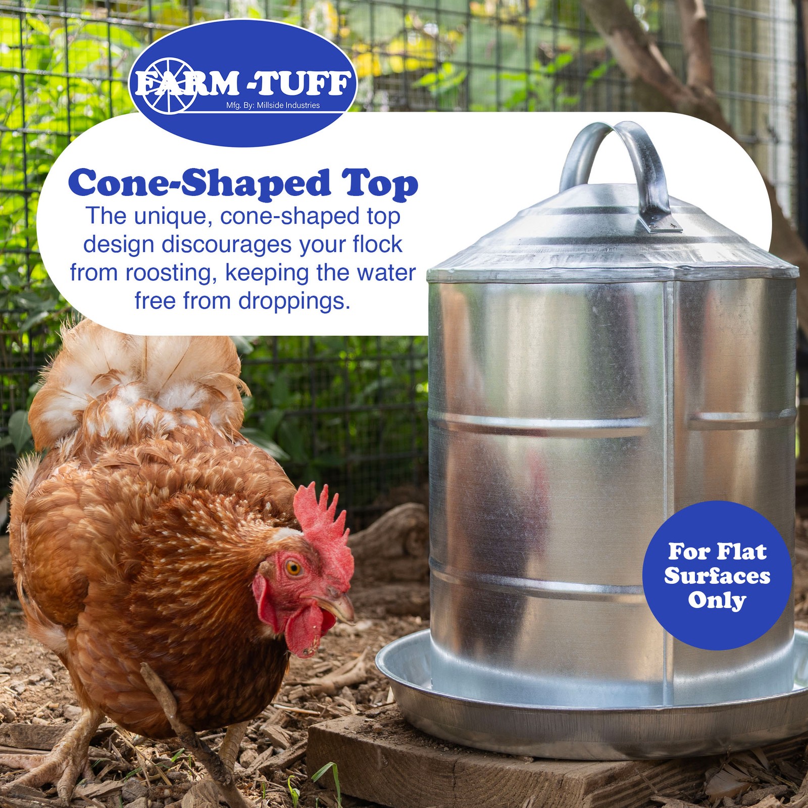 FARM-TUFF Double Wall Cone Top Galvanized Poultry Fountain, 3 Gallon Capacity