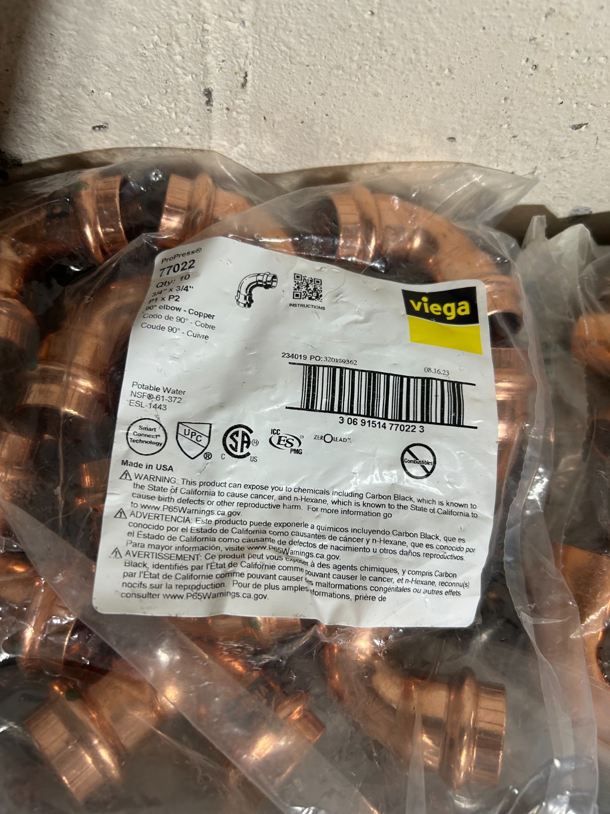 125 – NIBCO VIEGA PROPRESS COPPER PRO PRESS FITTINGS 3/4″ NIB. MADE IN USA