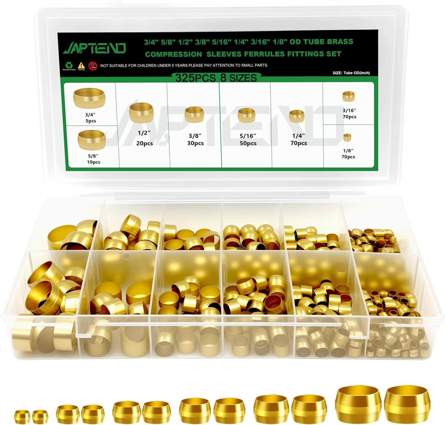325pcs Brass Compression Sleeves Ferrules Fittings Assortment Kit, 3/4″ 5/8″ …