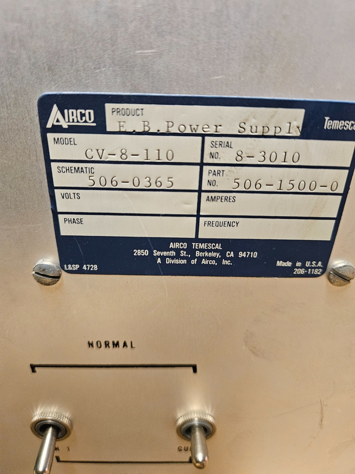 Airco Temescal CV-8-110 E-Beam Power Supply – Model CV-8 – With Keys – Used