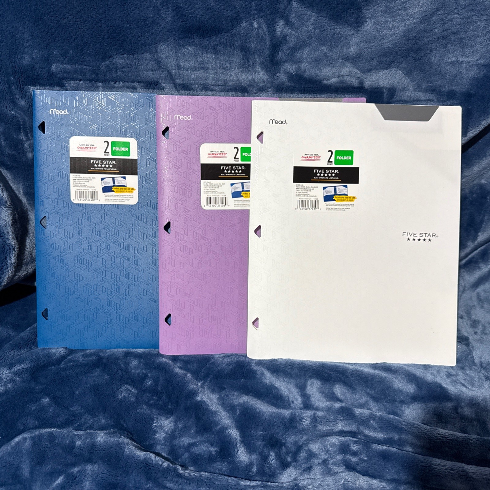 Mead 5 Star 2 Pocket Folder New Set Of 3 White Purple Blue Tabs School Supplies