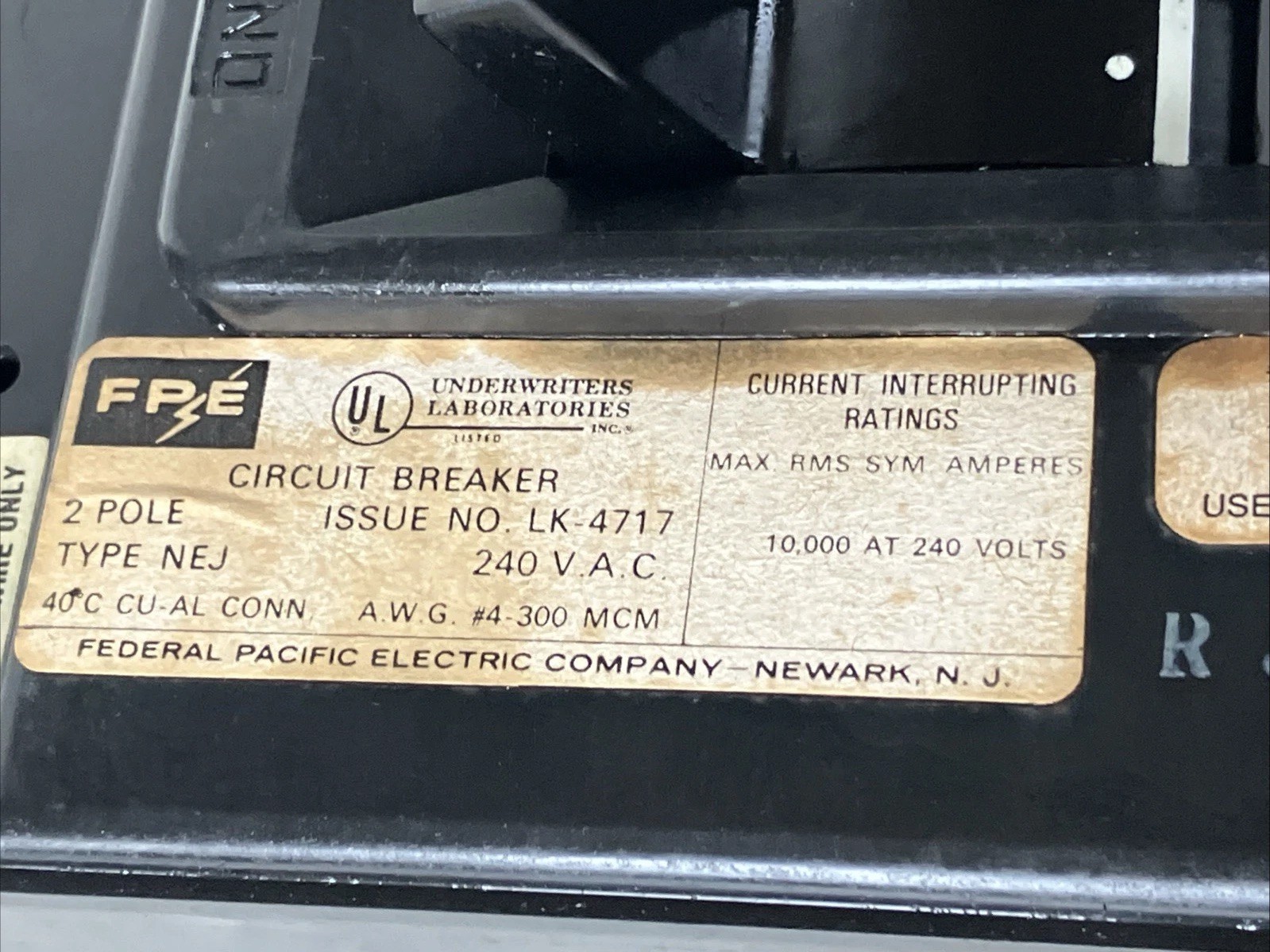 FPE Federal Pacific NEJ221125 Circuit Breaker Type NEJ 2 Pole 125 AMP 10kA@ 240V