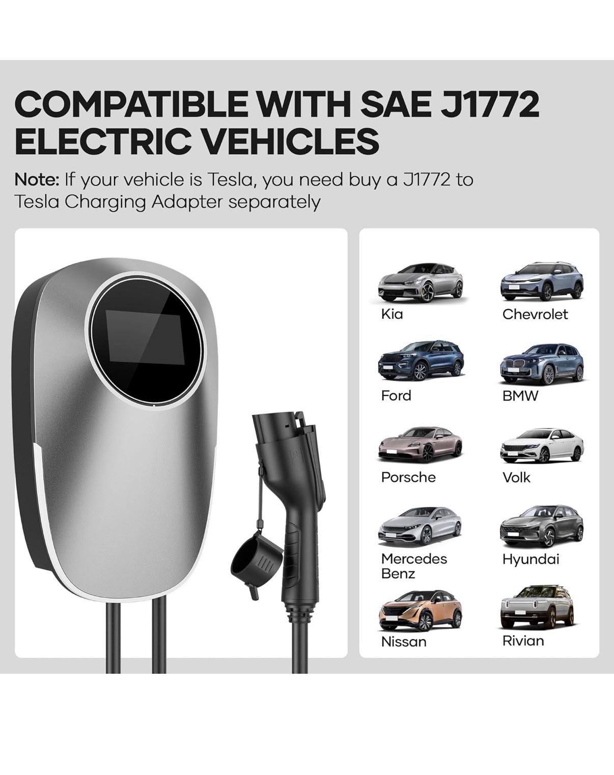 Level 2 EV Charger, J1772 Plug, WiFi APP, 48A, 240V NEMA 14-50 Plug