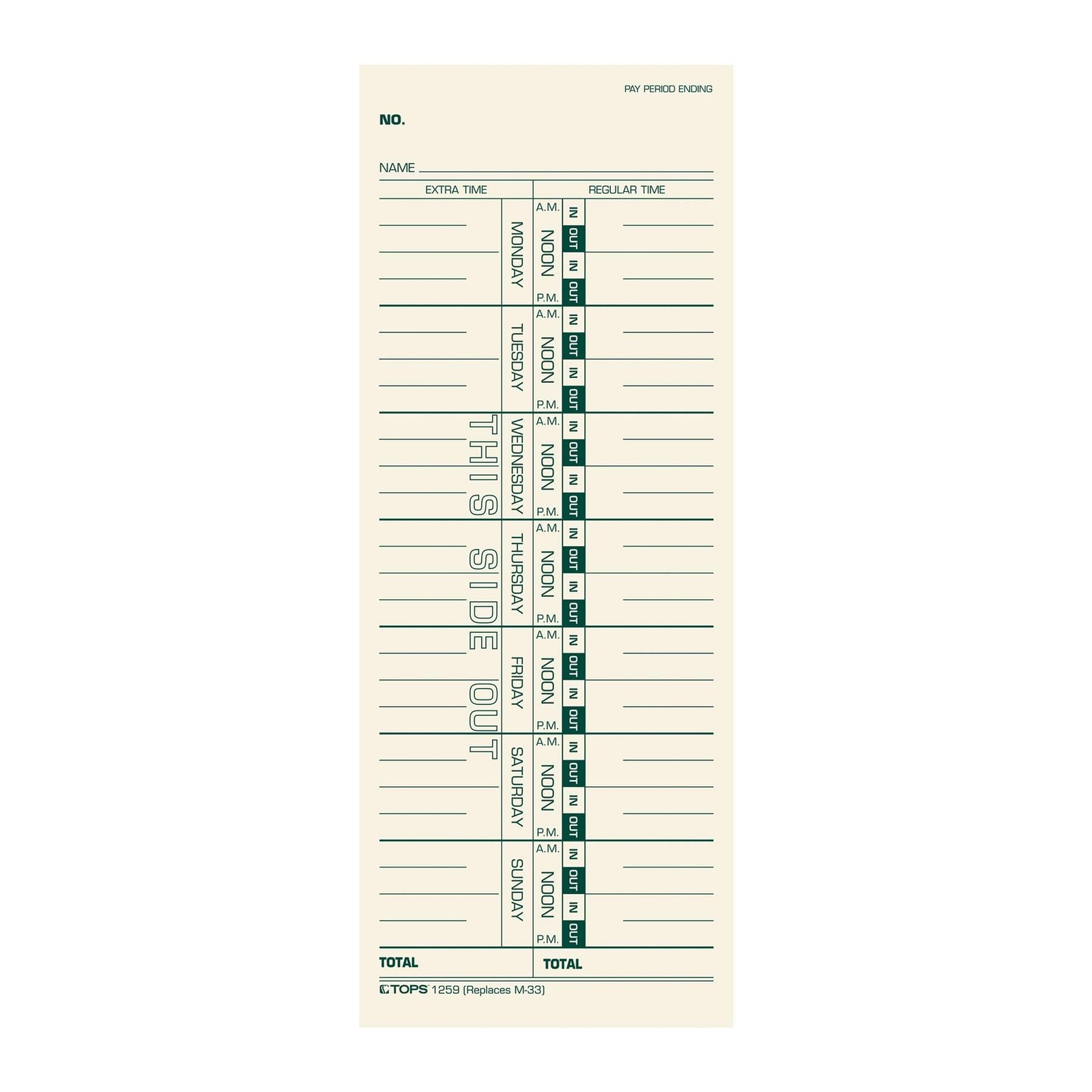 TOPS Time Cards Weekly 1-Sided 3-1/2 x 9 Manila Green Print 500-Count