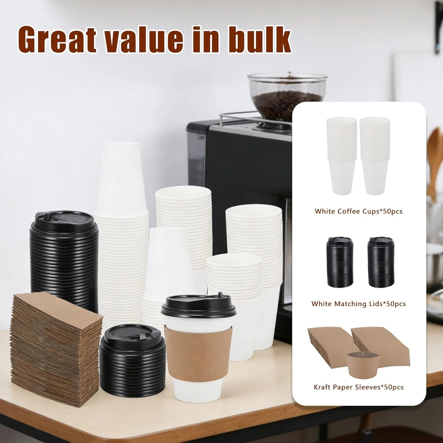 Coffee Cups, 50 Pack 12 oz Disposable Coffee Cups with Lids and Sleeves, Leak-pr