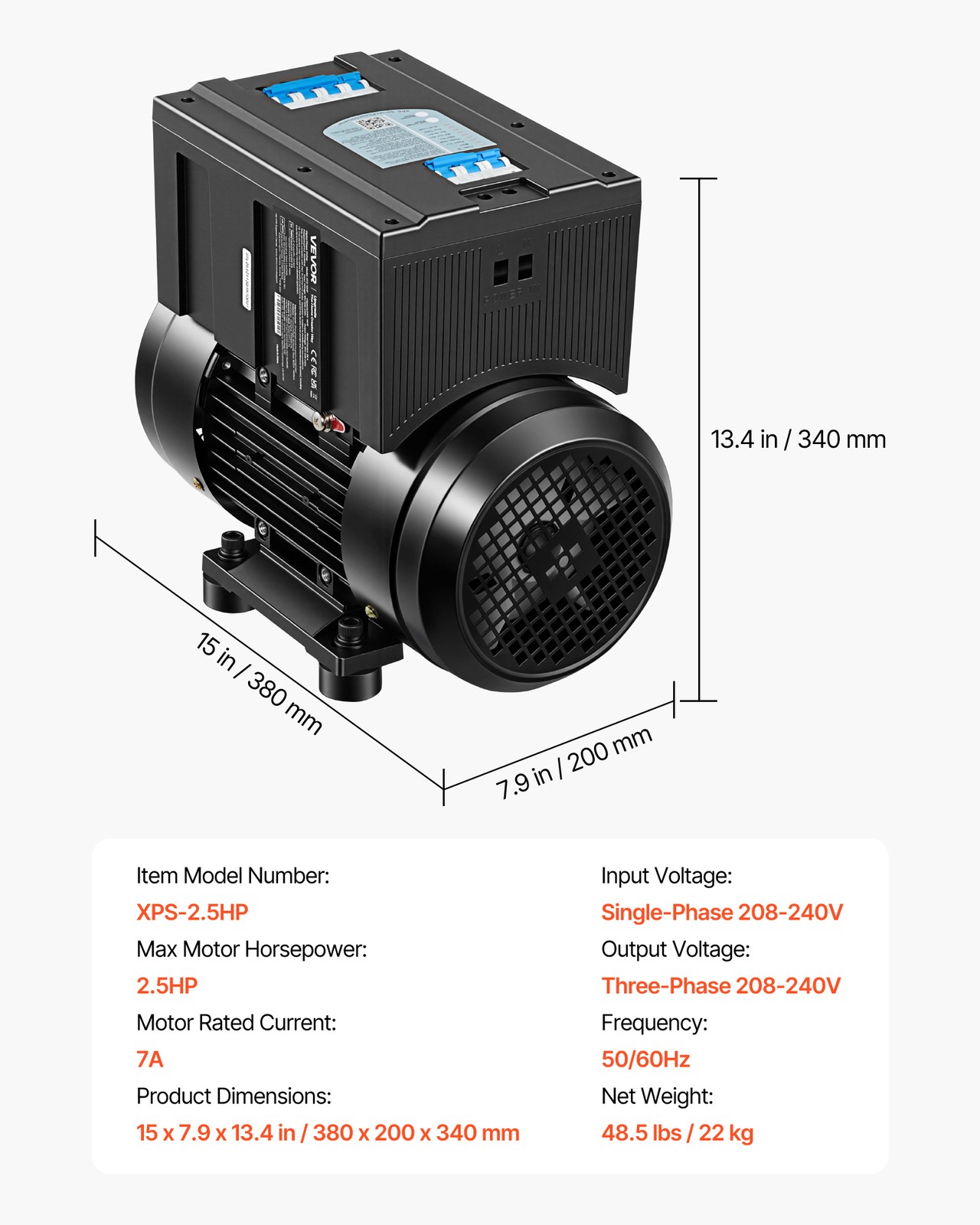 VEVOR Single to 3-Phase Rotary Phase Converter 2.5HP 7A 208-240V Input/Output