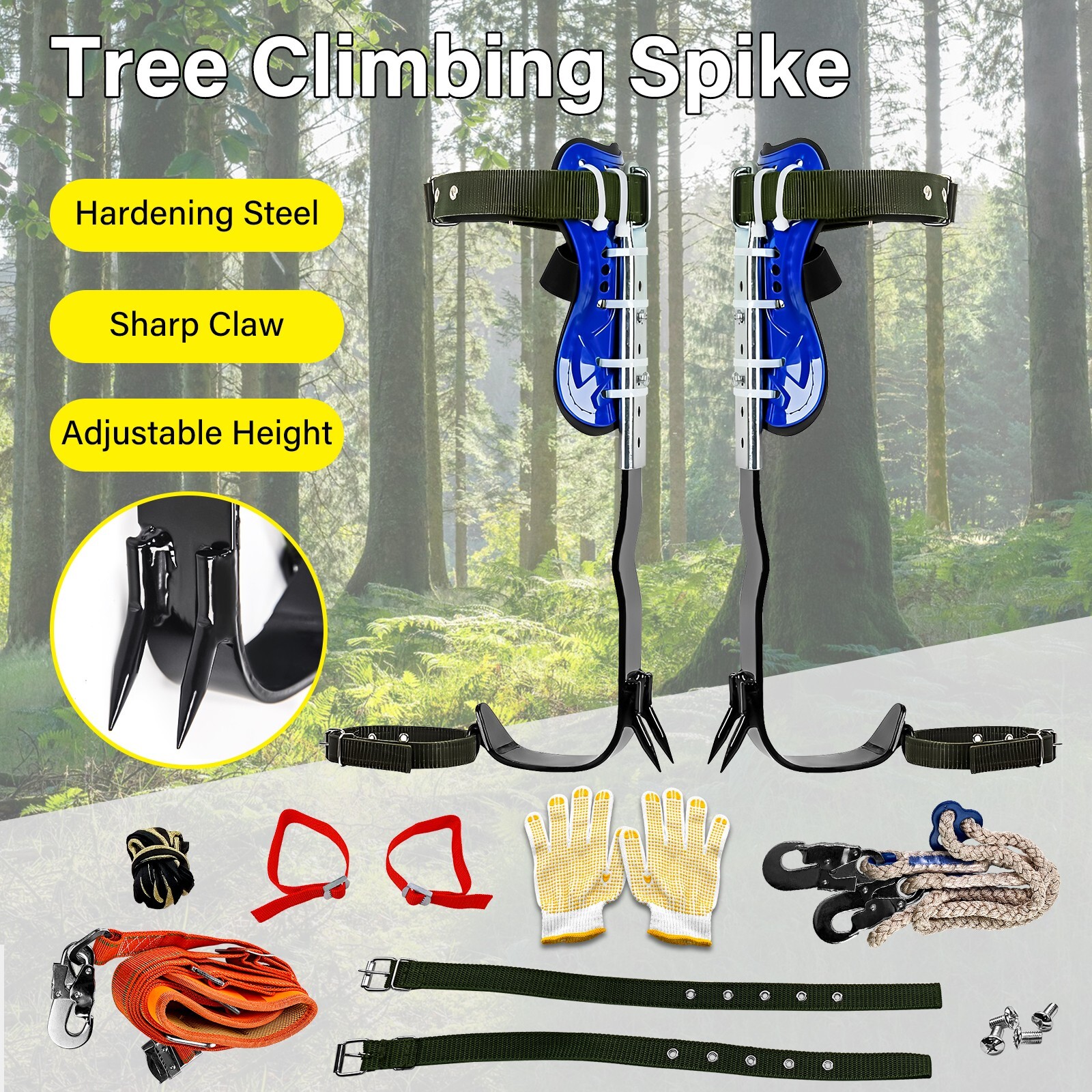Tree Climbing Spikes Adjustable Height Pole Tree Climbing Spurs Steel w/2 Gear
