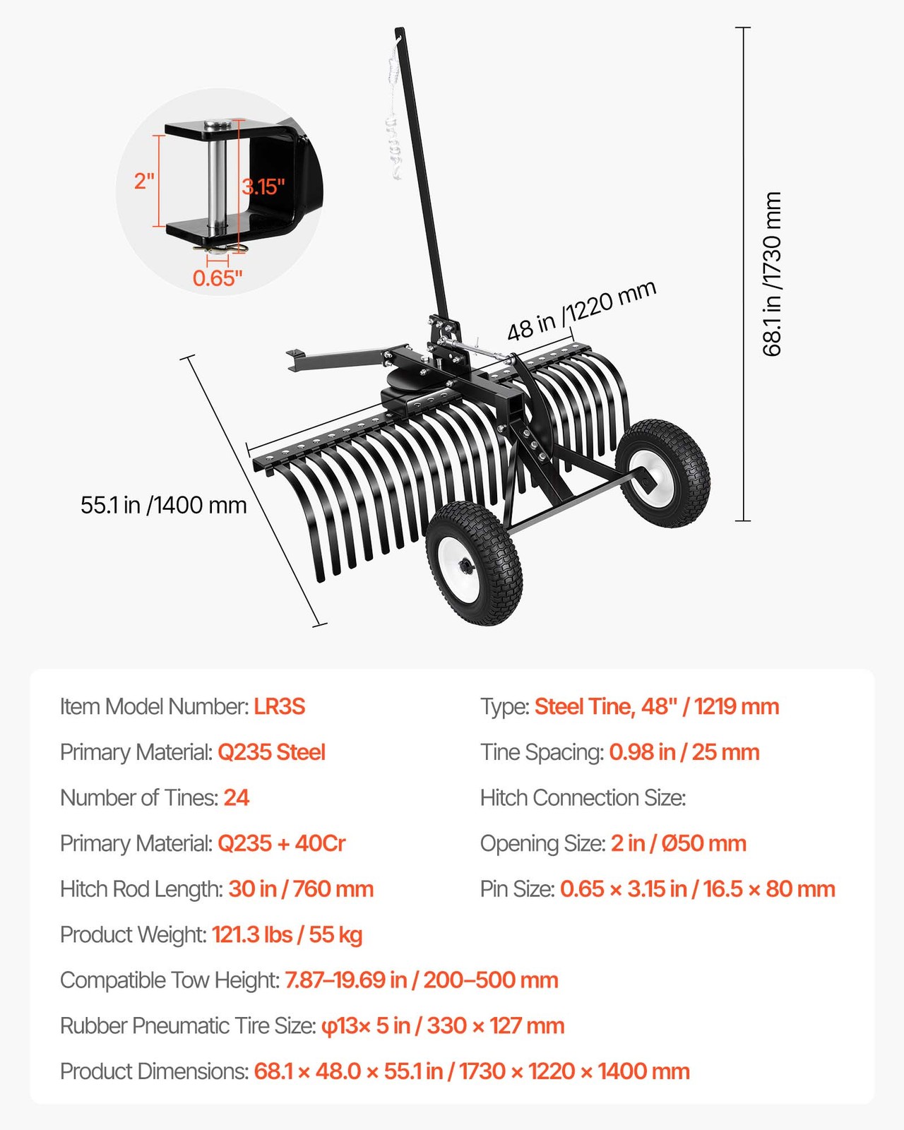 VEVOR 48in Tow Behind Landscape Rake 24 Tines Lawn Dethatcher Height Adjustable