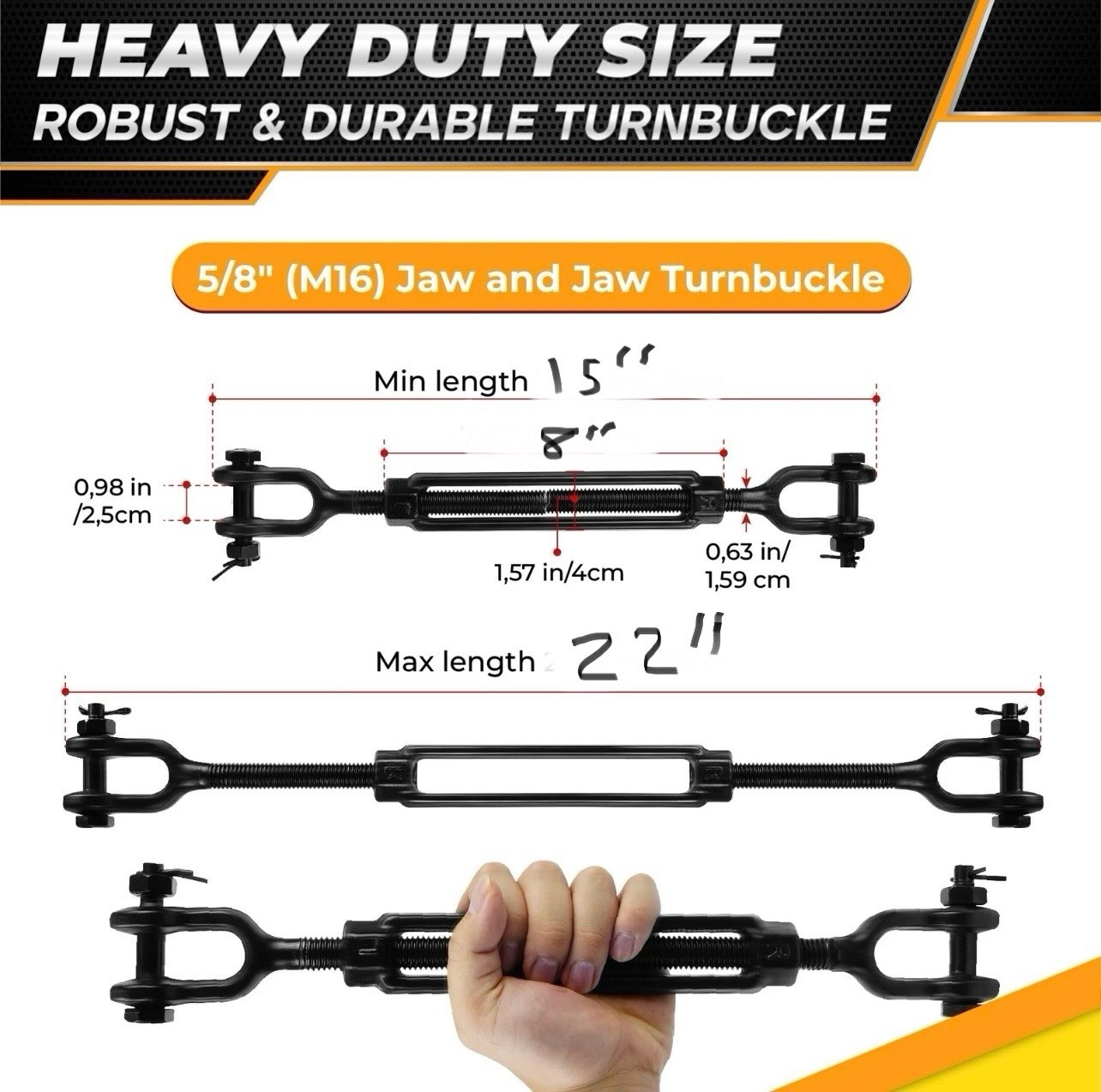 5/8×15″ Heavy Duty Jaw and Jaw Turnbuckle 3500 lbs ALL Weather Resistant