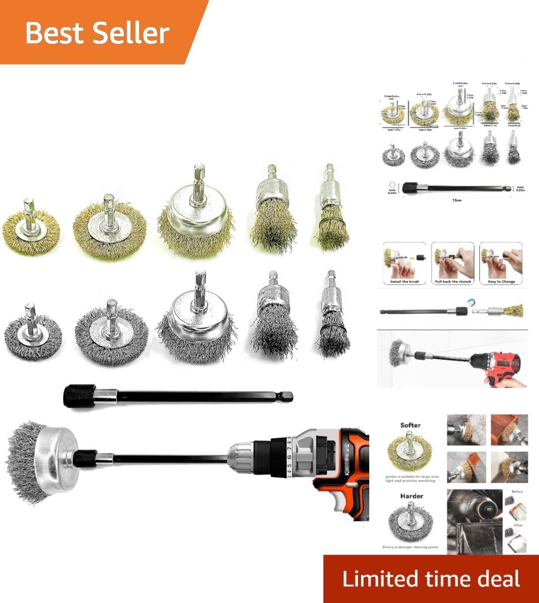 10pack Wire Wheel Cup Brush Set for Drill Abrasive with 1/4″ Hex Shank,Extn. Rod