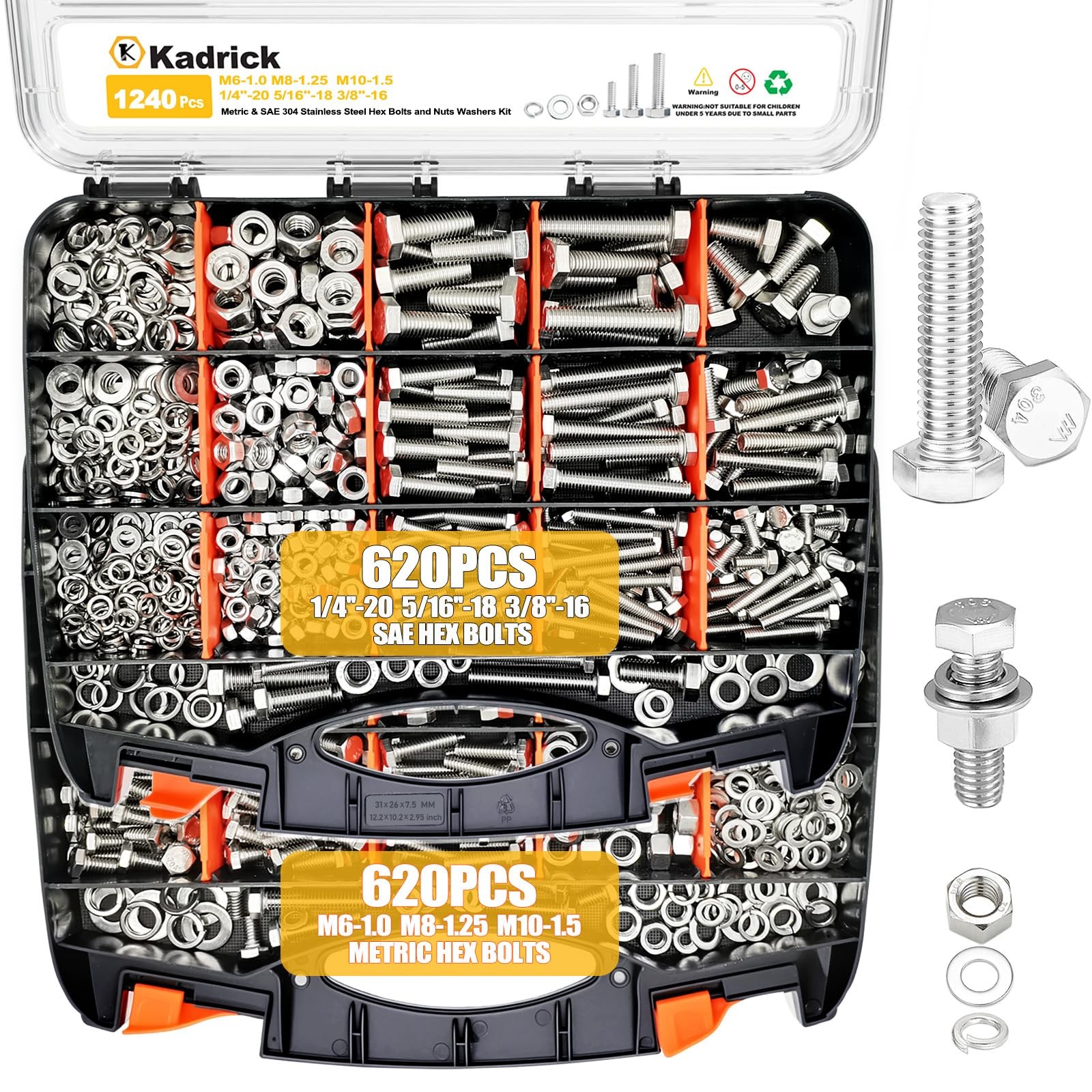 Kadrick 1240Pcs Stainless Steel Hex Bolt Assortment Kit Sae Set 1/4-20 5/16-18