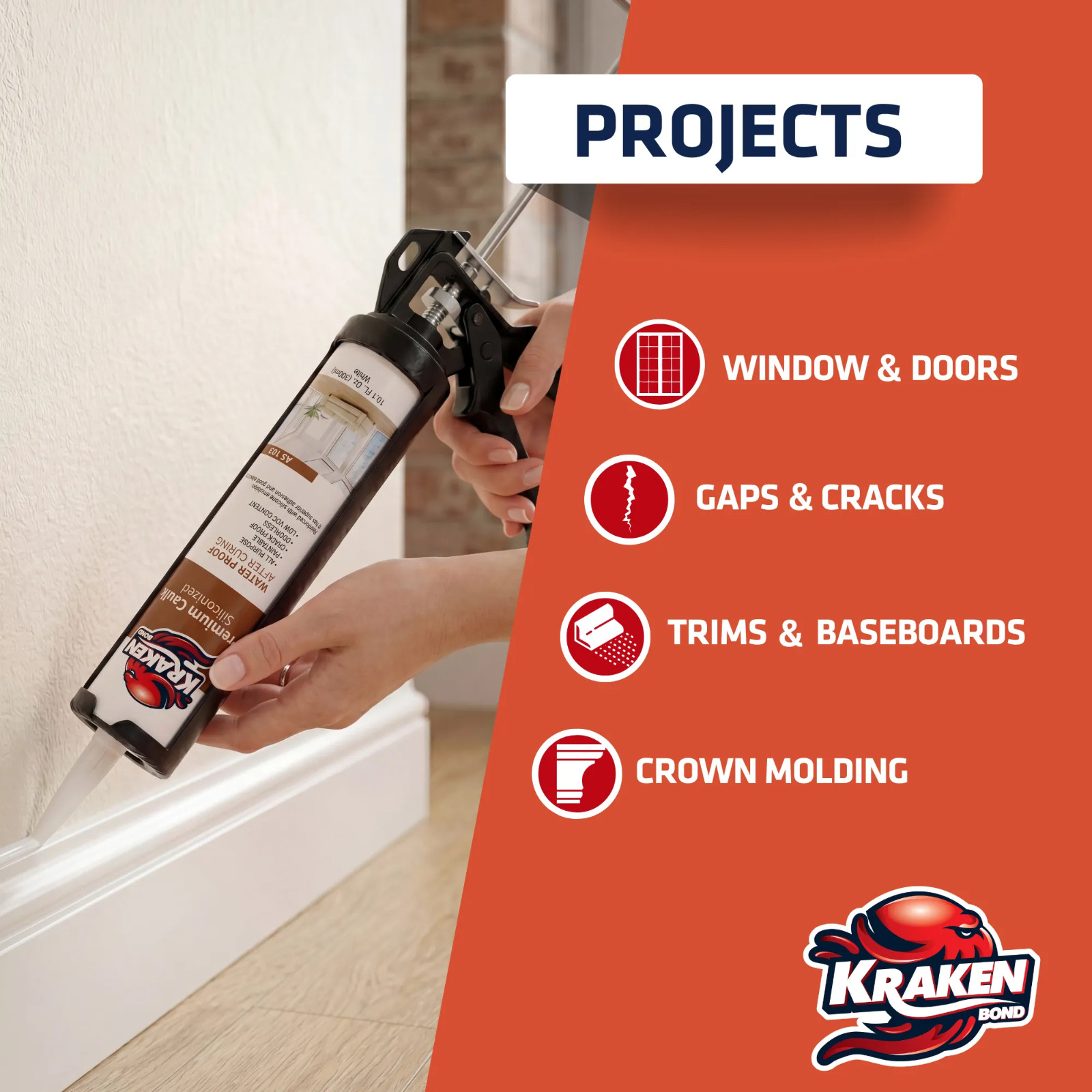Kraken Bond Premium Siliconized Caulk Sealant, 10.1oz 12 Pack – White