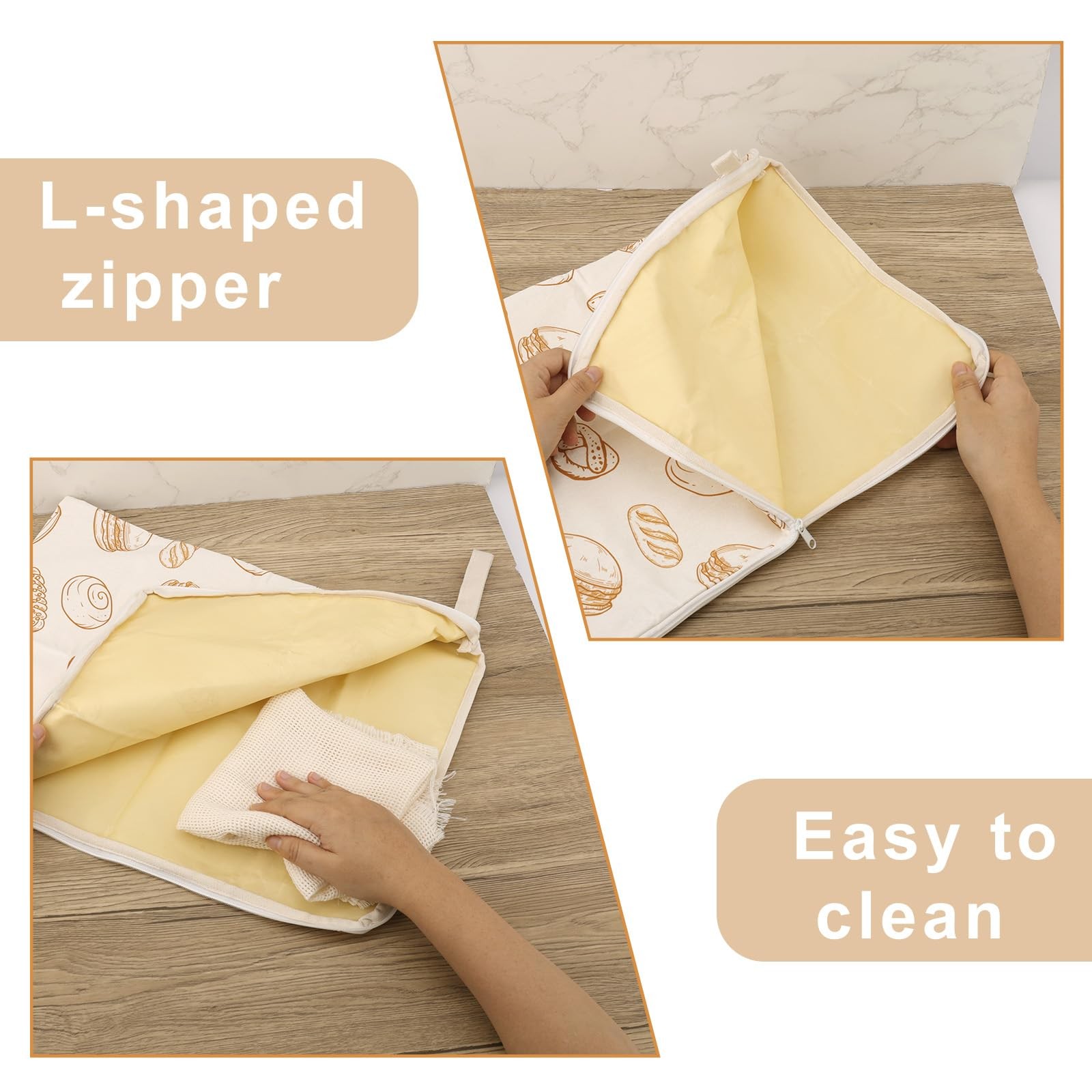 2pcs Wide Zipper Access Beeswax Bread Bag, 16.93 x 13.11 inches, brown, white
