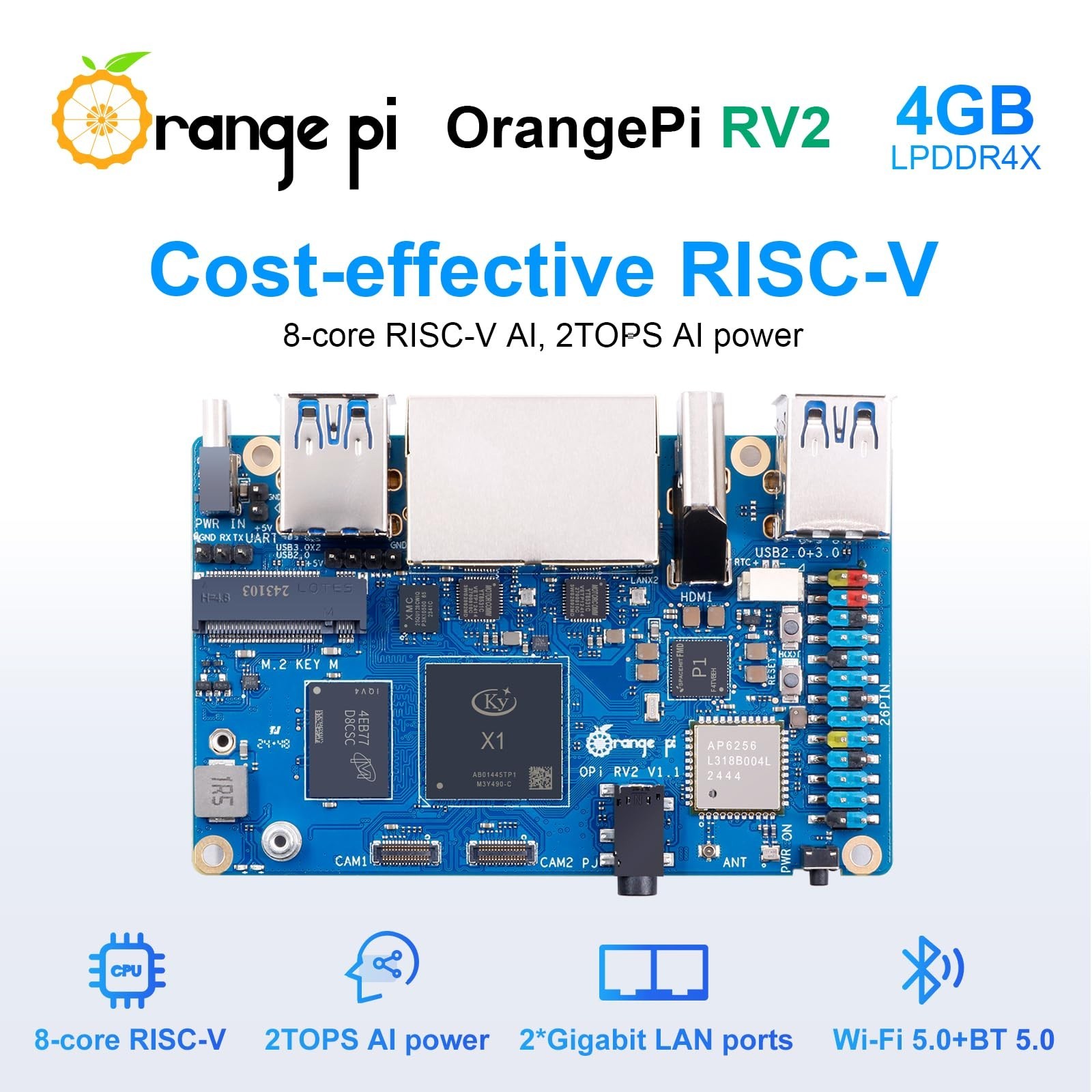 RISC-V Single Board Computer 8-Core 64-Bit, 2GB/4GB/8GB LPDDR4x, Wi-Fi/Bluetooth