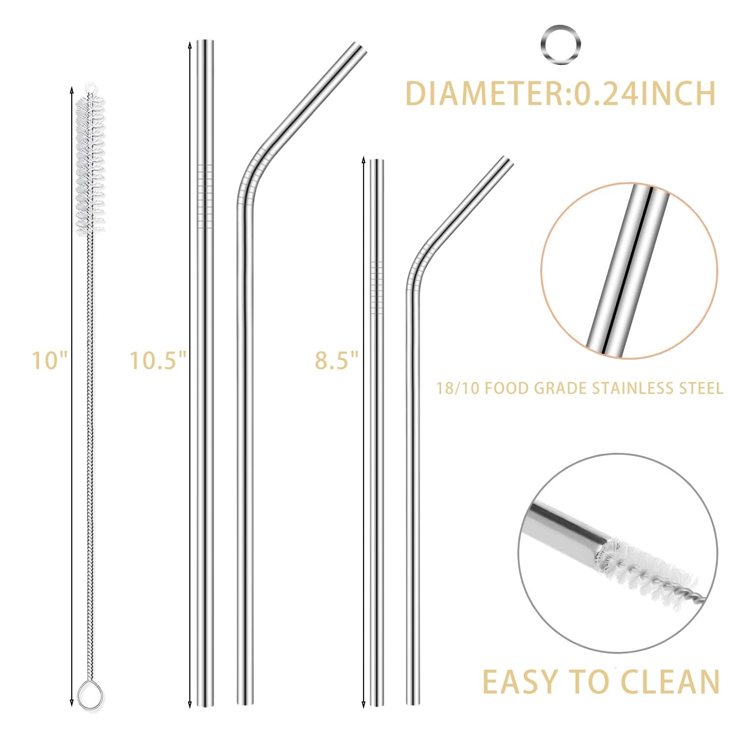 8-Pack Reusable Stainless Steel 8 Pack 8.5″ & 10.5″ for 20, 24, 30 oz, Silver