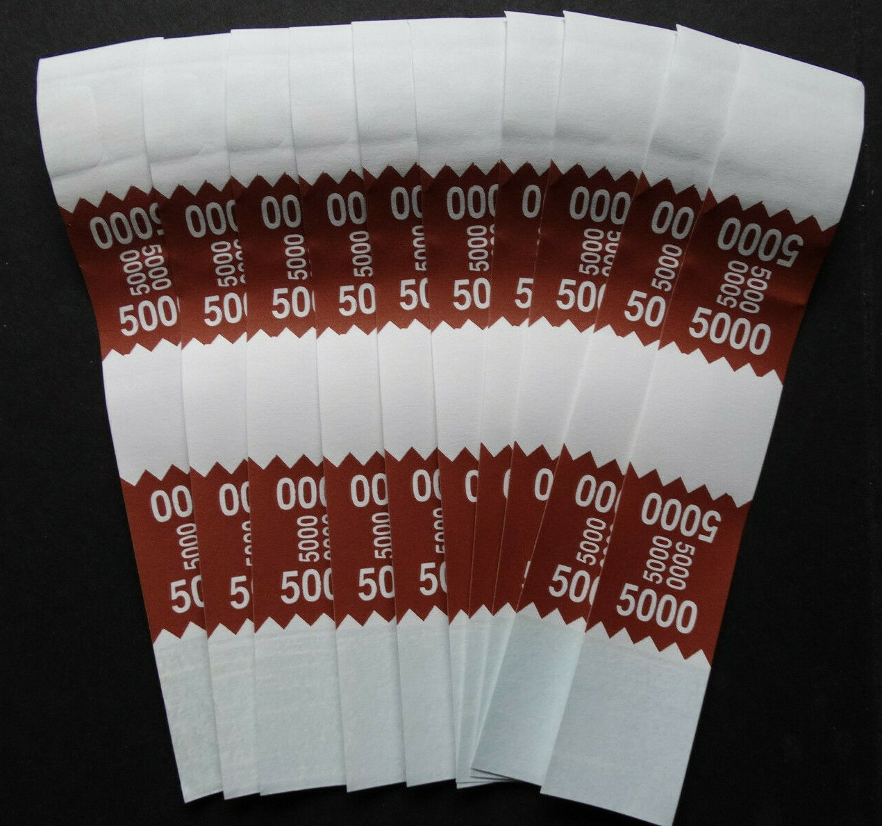 10 – Brown $5,000 Cash Money Self-Sealing Straps White Saw Tooth Currency Bands