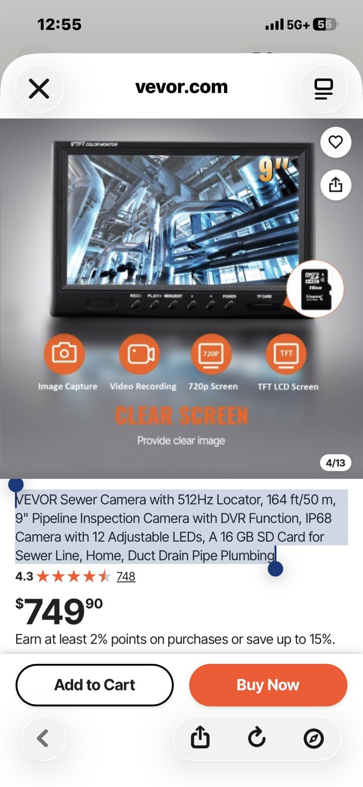 VEVOR Sewer Camera 164ft/50m 512Hz Locator 720P LCD DVR IP68 12 LED