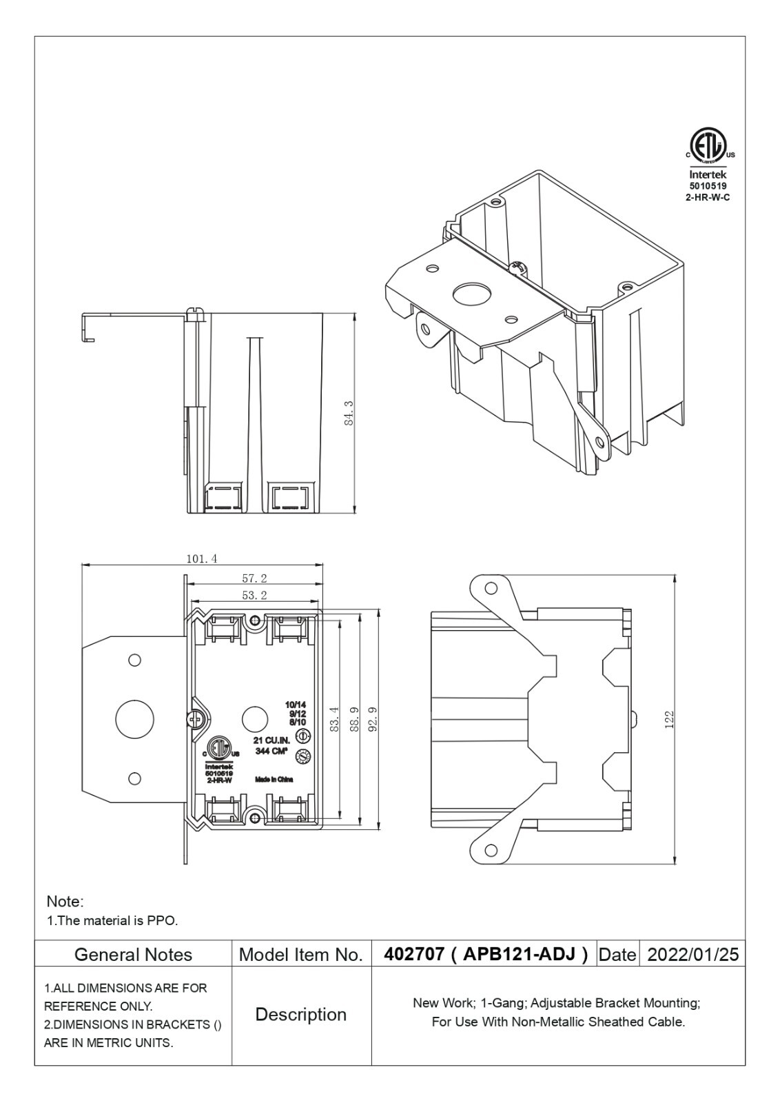 1-Gang Electrical Outlet Switch Box New Work ETL 21 Cu In Adjustable Bracket Lot