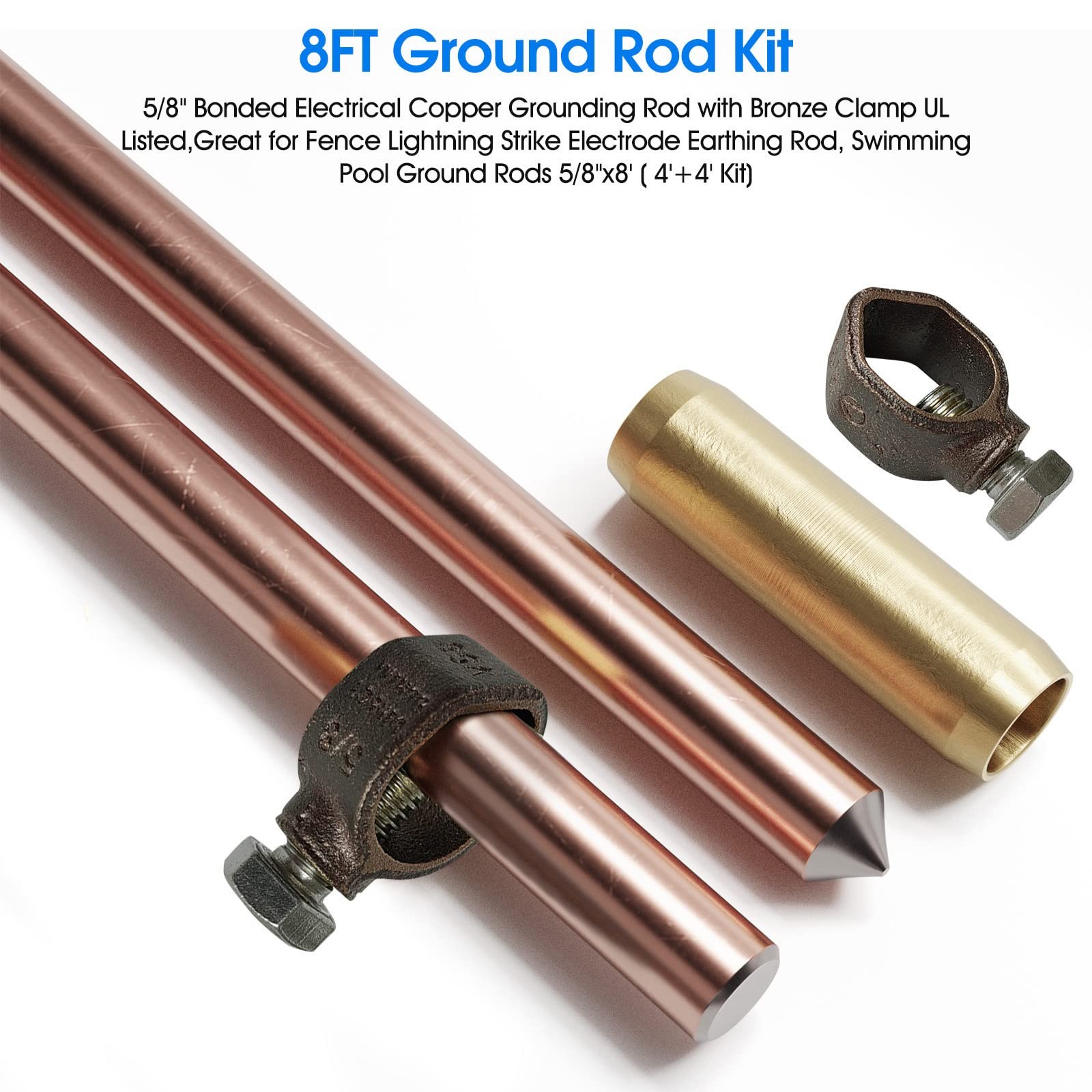 8ft Ground Rod Kit 5/8 Bonded Electrical Copper Grounding With Bronze Clamp Ul