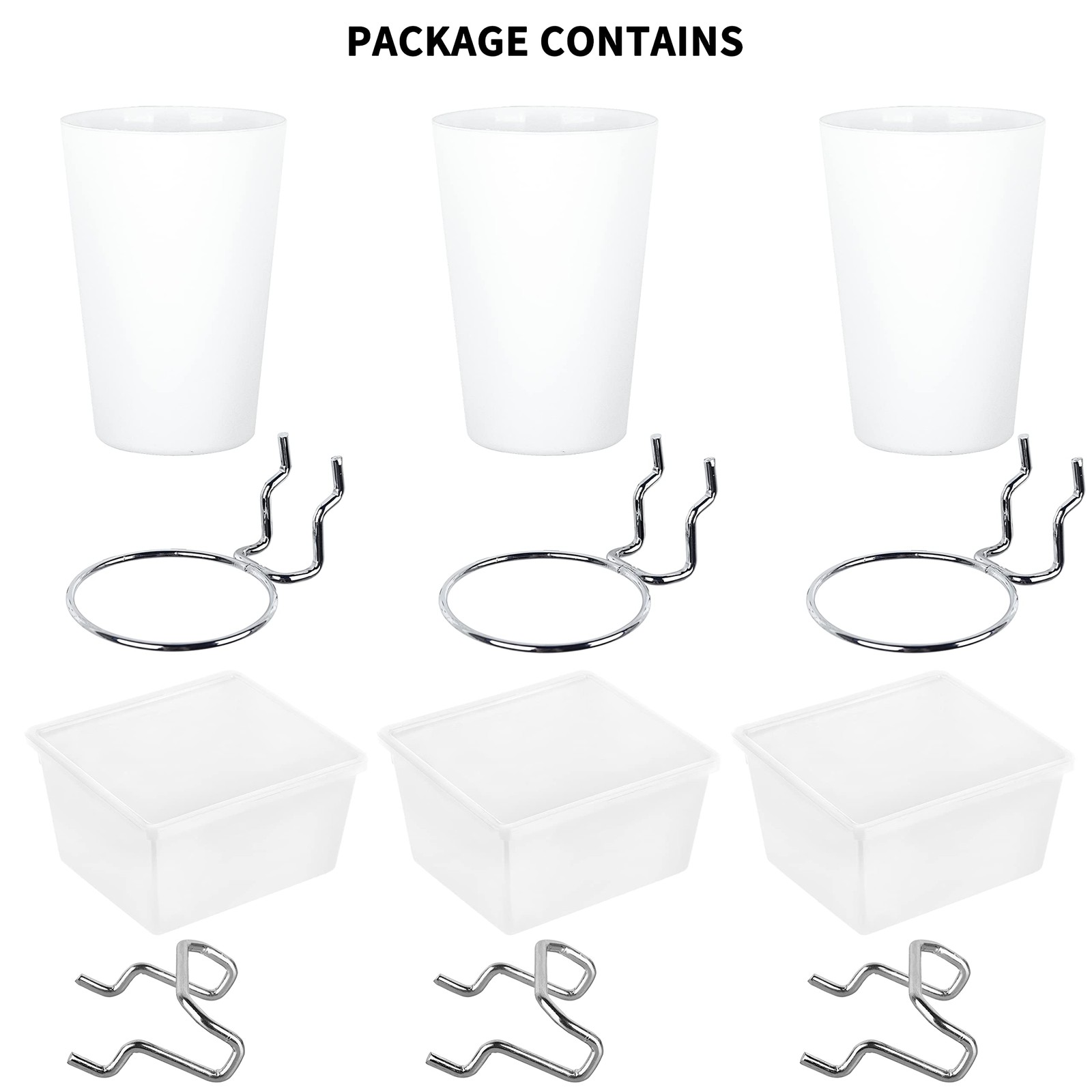 6 PCS White Pegboard Bins Cups With Hooks Loops Accessory Storage Organizer