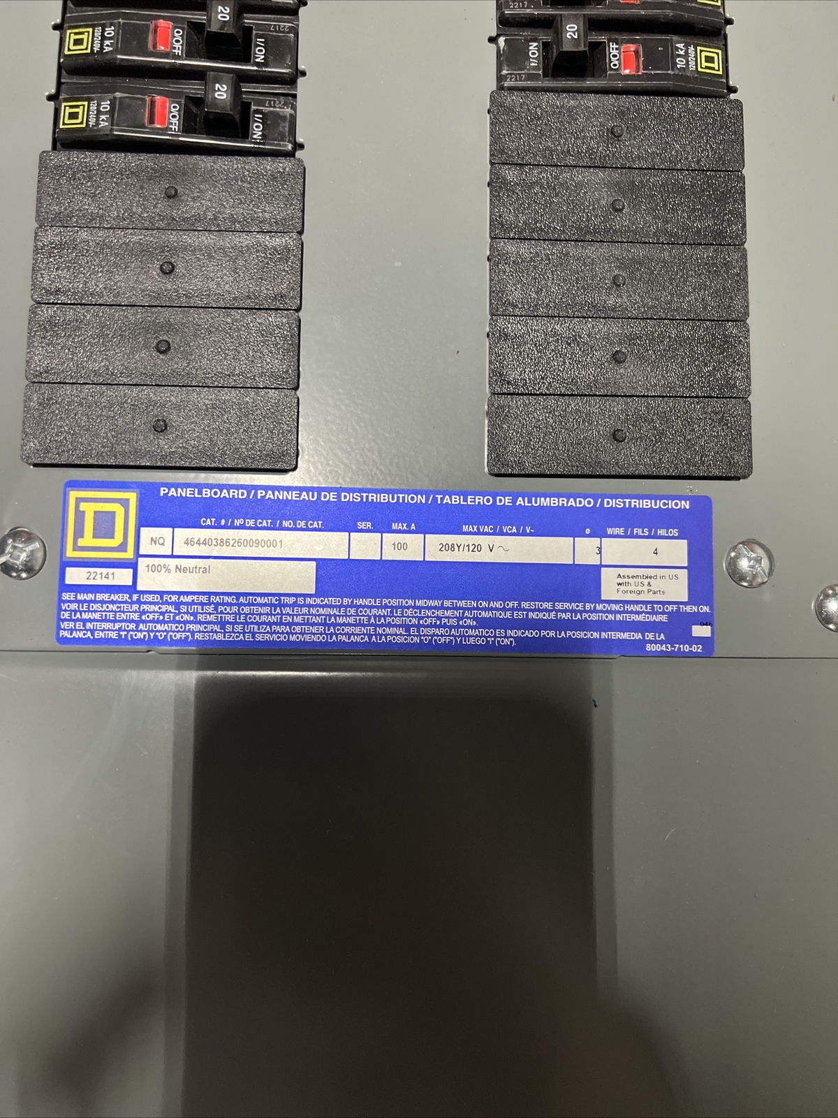 SQD NQ PANELBOARD MAIN BREAKER, 100AMPS 3 PHASE 4WIRE, 208Y/120Volt 30 SPACE