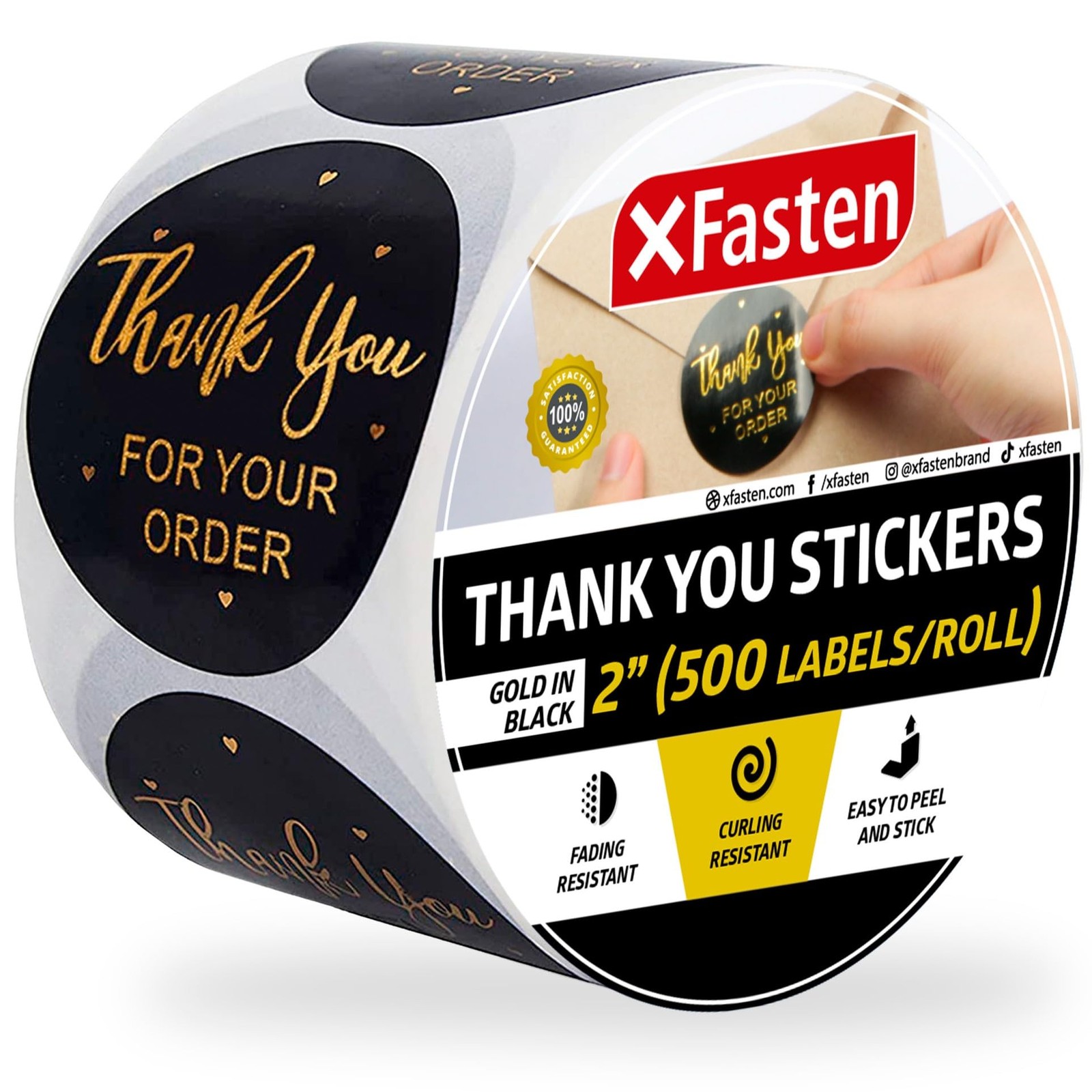 2″ Thank You Stickers Roll, 500 Gold Foil Round Sticker Label Per Roll, Black…
