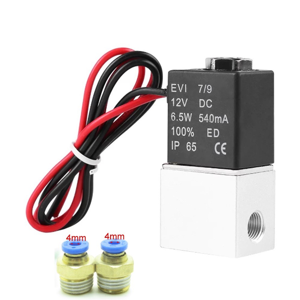 Pre-wired 12V DC Pneumatic Solenoid Valve 2 Way 2 Position Lead Wires + Fittings