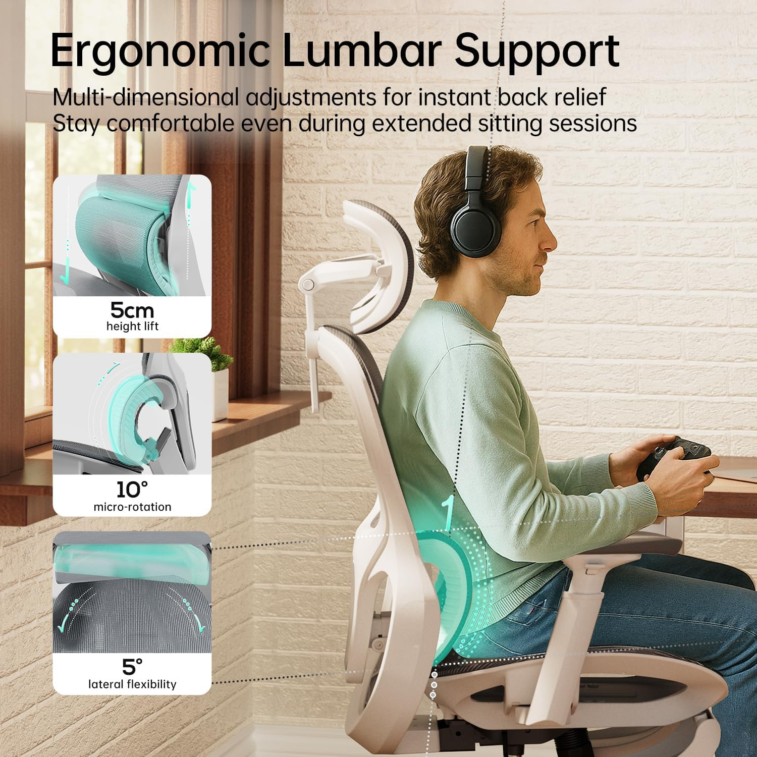 Ergonomic Office Chair with 3D Lumbar Support & Footrest – White