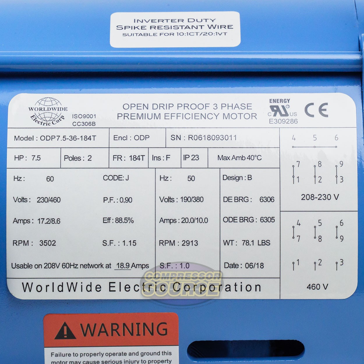 7.5 HP 3 Phase Electric Motor 3500 RPM 184T Frame ODP Open Drip Proof 230/460V