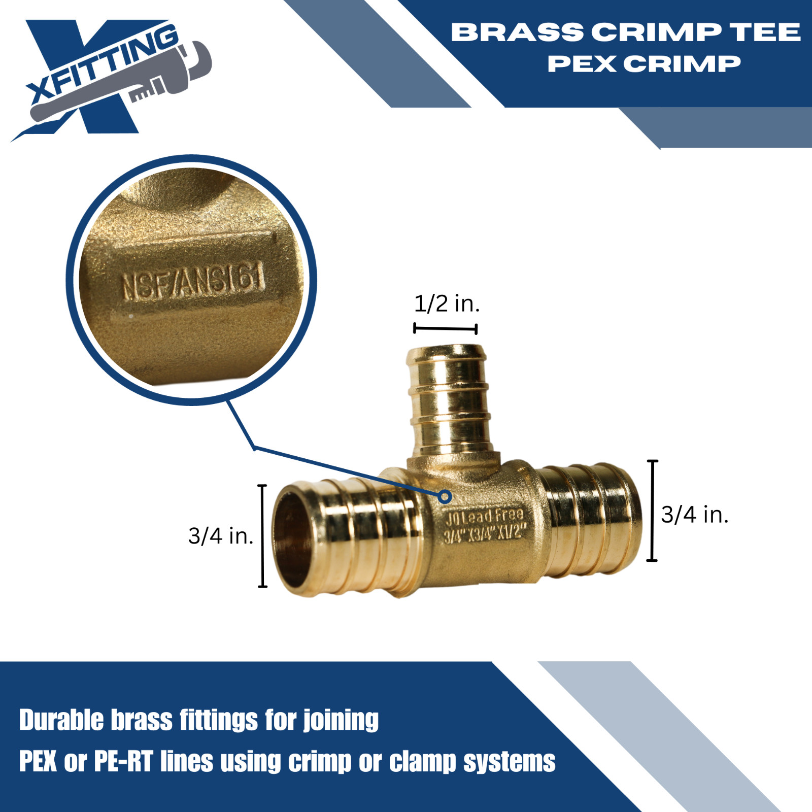 25 PIECES 3/4″ X 3/4″ X 1/2″ PEX TEE BRASS CRIMP FITTINGS ( LEAD FREE )