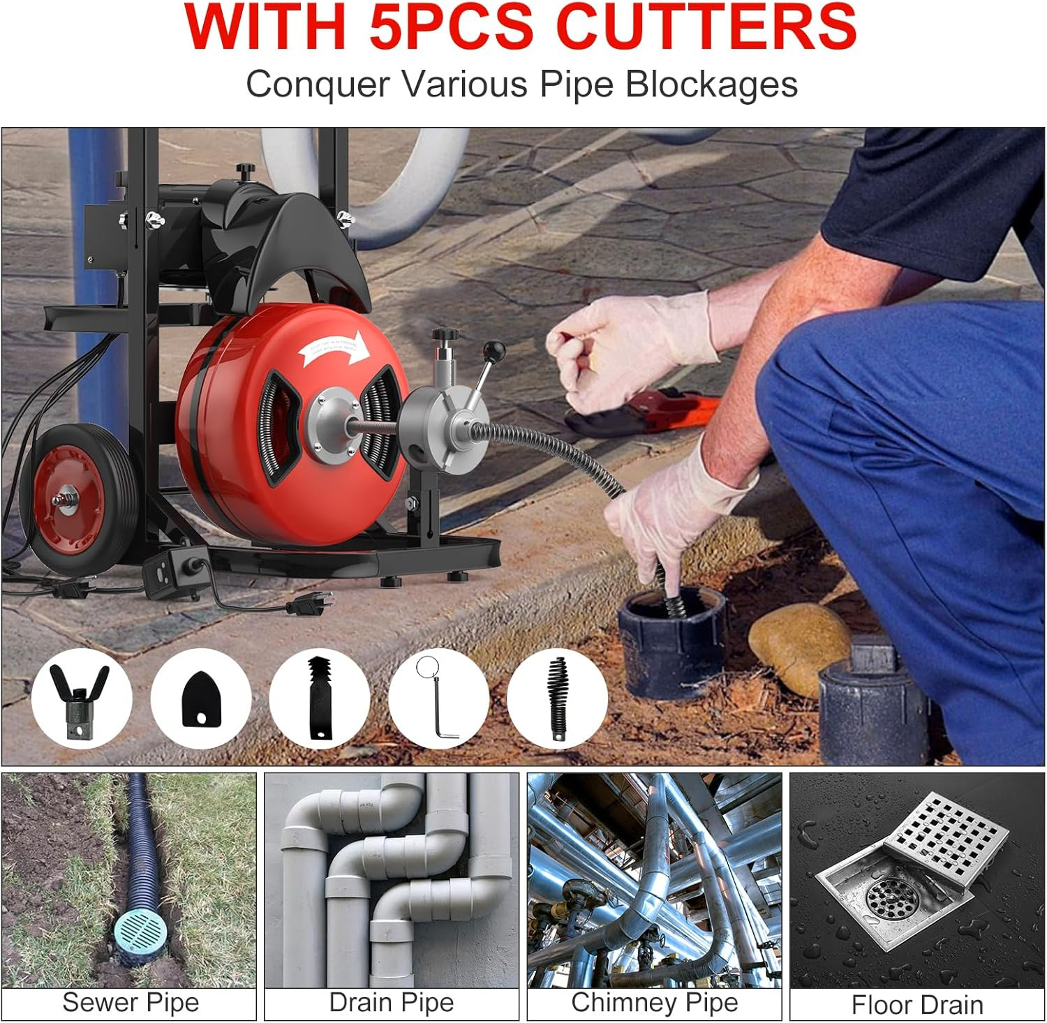 Drain Cleaner Machine Electric Drain Auger 75 FT x 1/2 In Auto Feed with Cutters