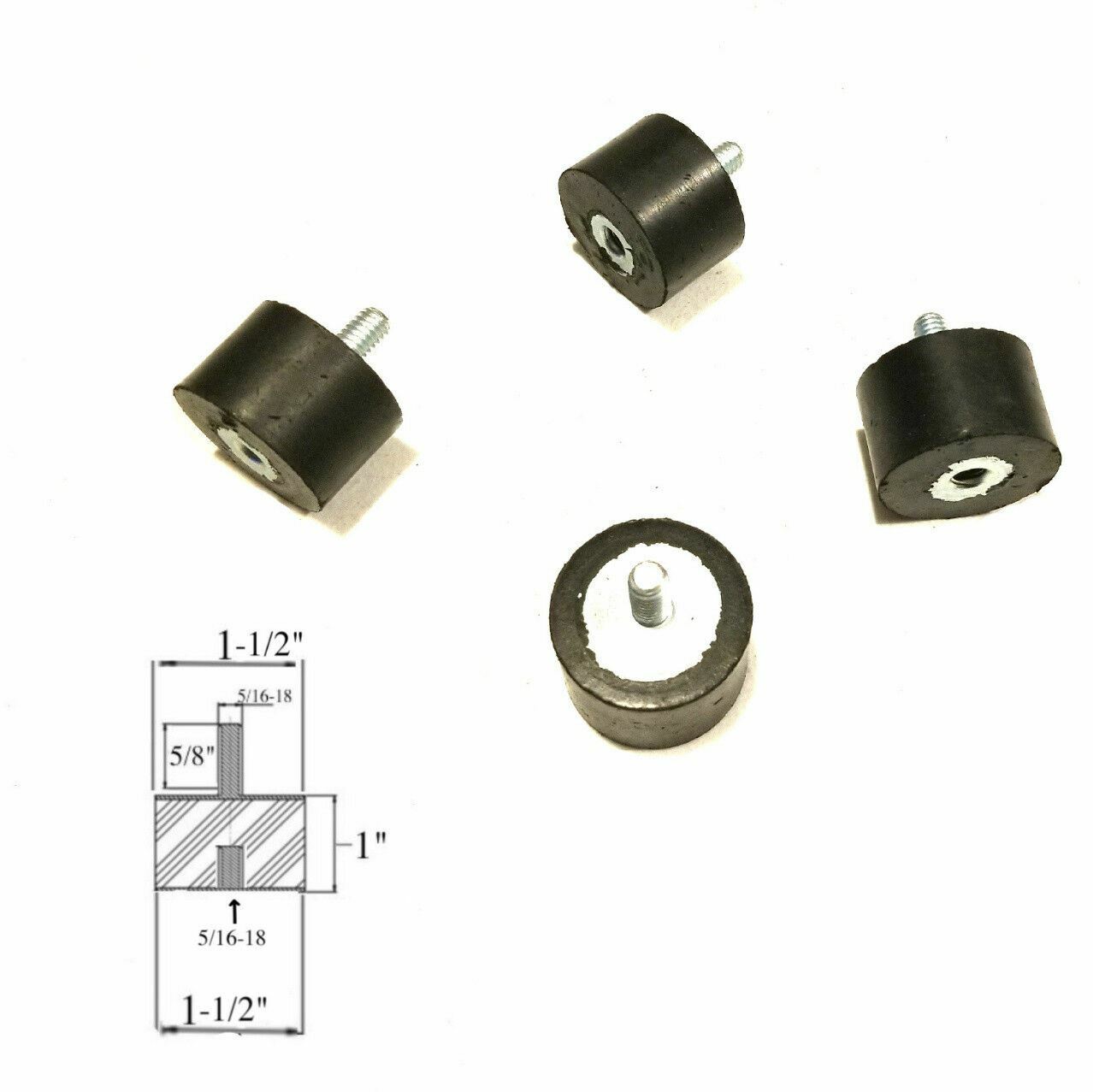 4 Rubber Vibration Isolator Mounts (1-1/2 Dia x 1″ Ht) 5/16-18 x 5/8 Length Stud