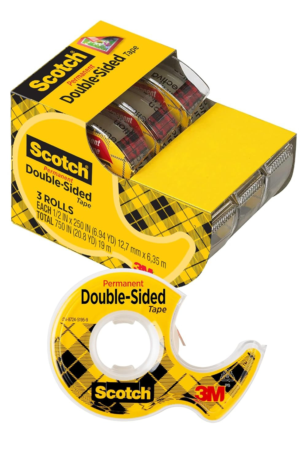 Scotch Double-Sided Tape, 1/2 in X 250 in (12.7 Mm X 6.35 M), 3