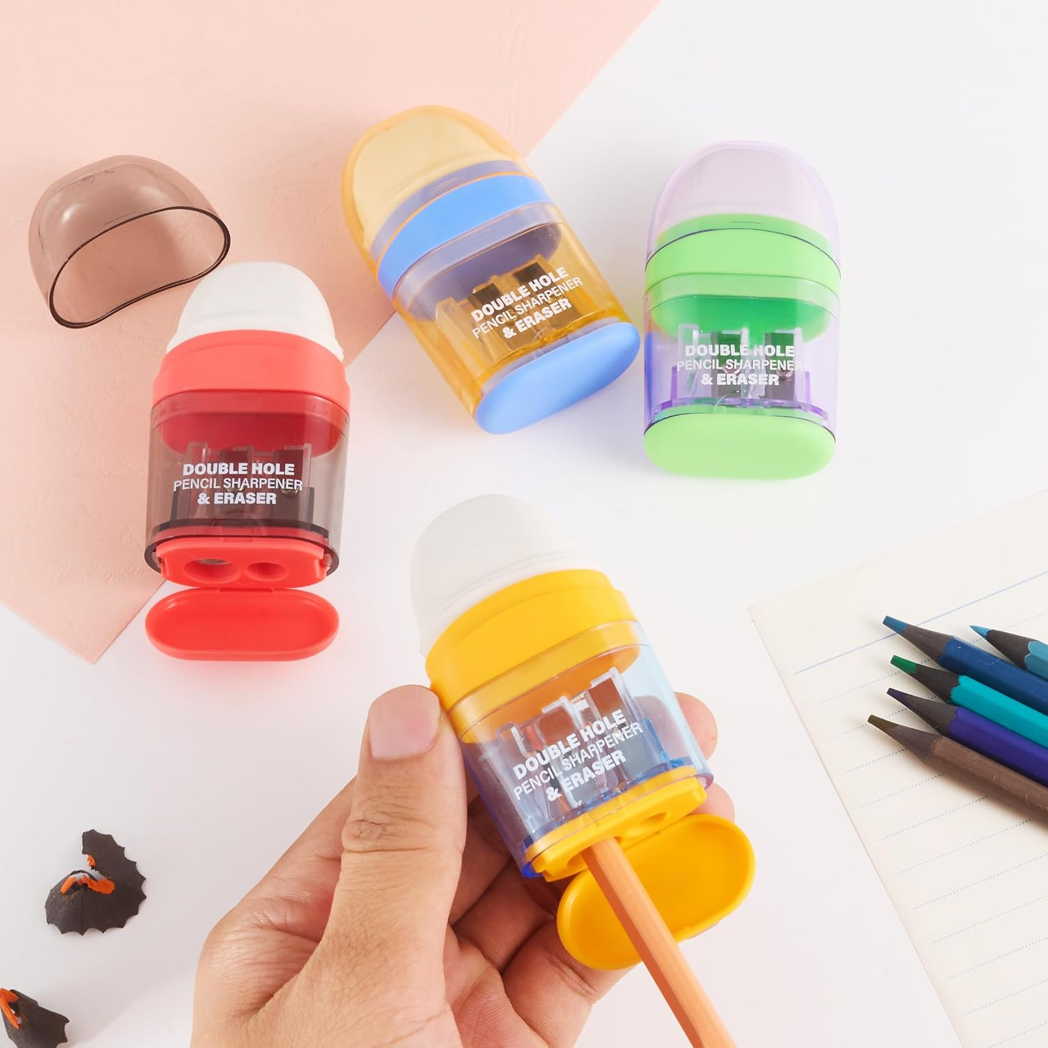 Pencil Sharpener with Eraser, 4 Pack,2 Sharpening Holes, Colorful Manual Handhel