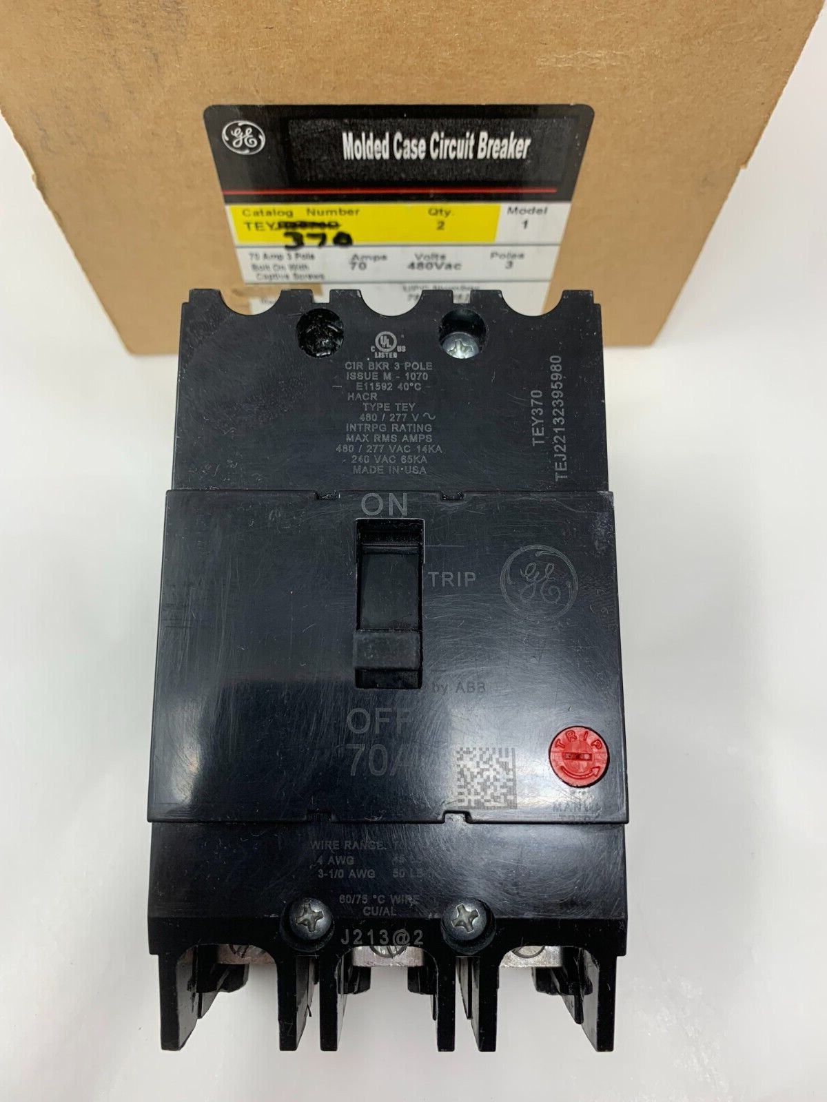 General Electric TEY370 70A 3P 14kA@480V Bolt-On Molded Case Circuit Breaker