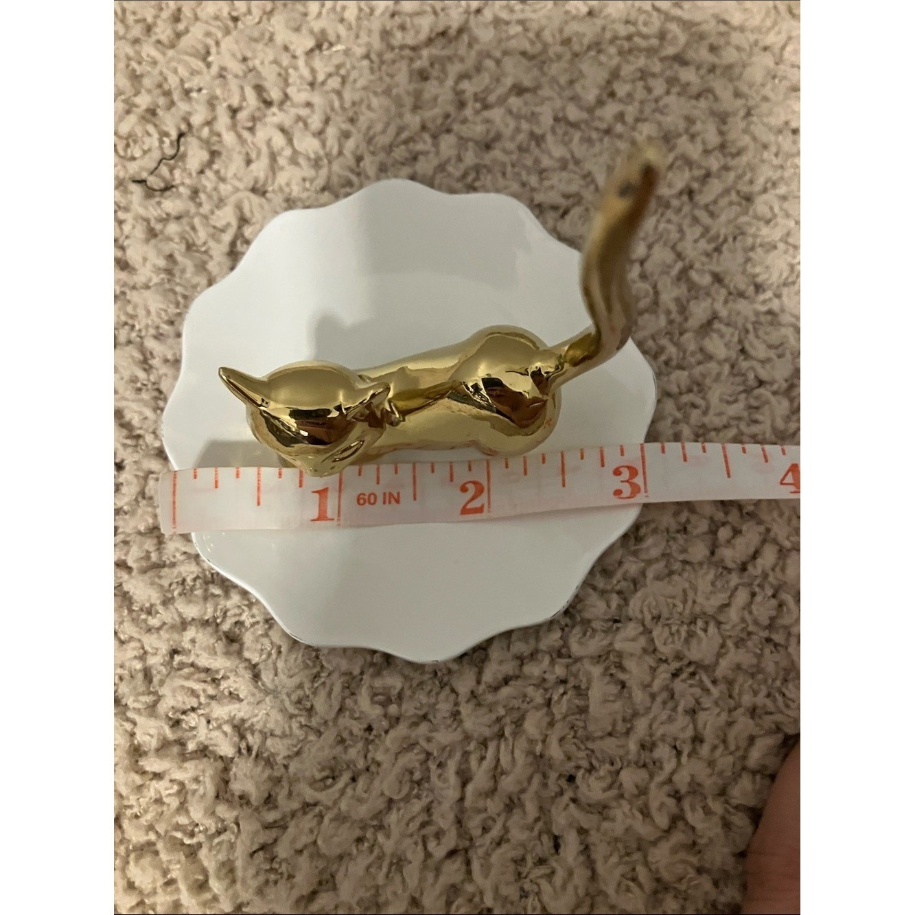 Gold Cat Ring Dish White Scalloped Tray 3″ wide