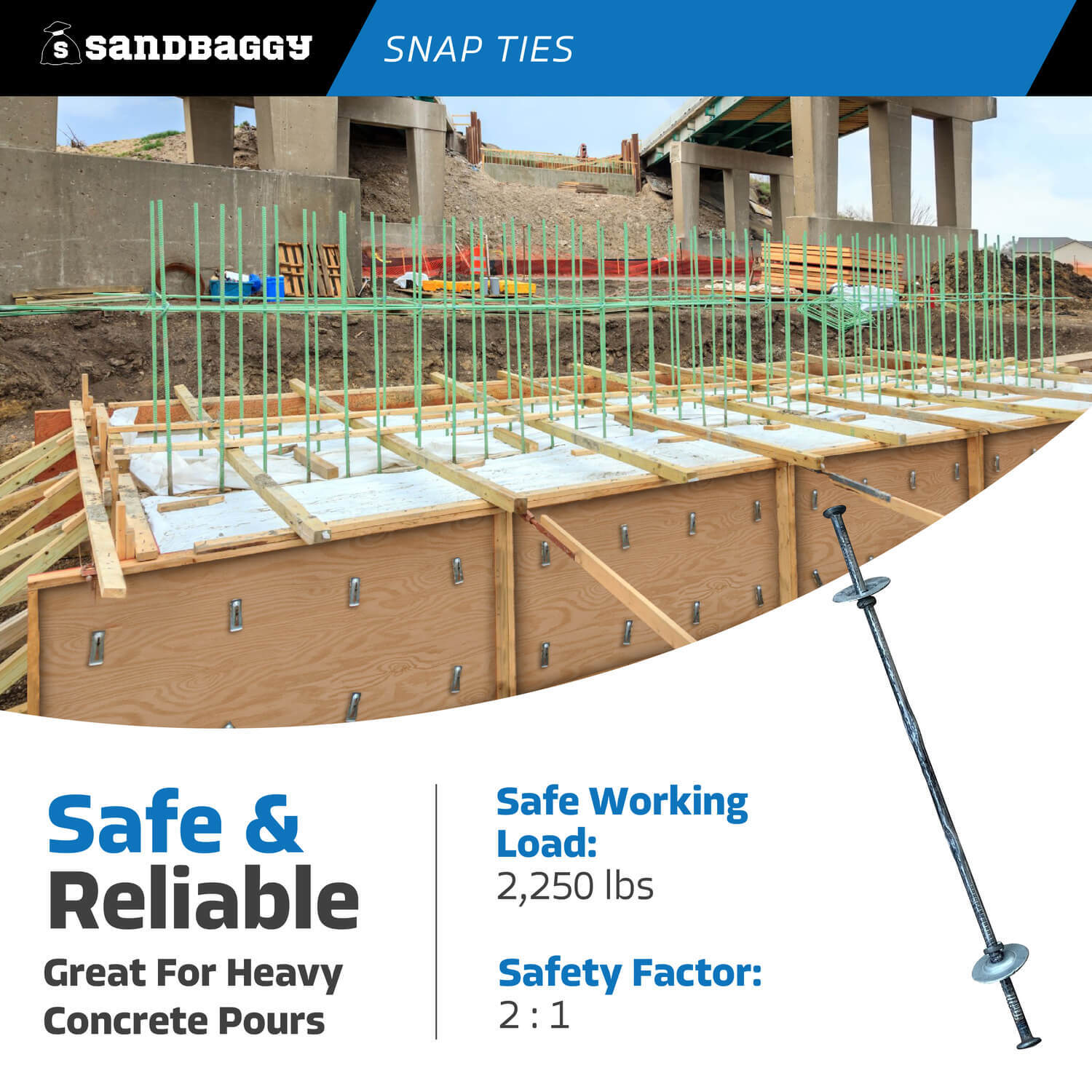 Sandbaggy 8″ x 1 ⅝» Standard Snap Ties for Concrete Forms – 1″ Cup Loose Washer