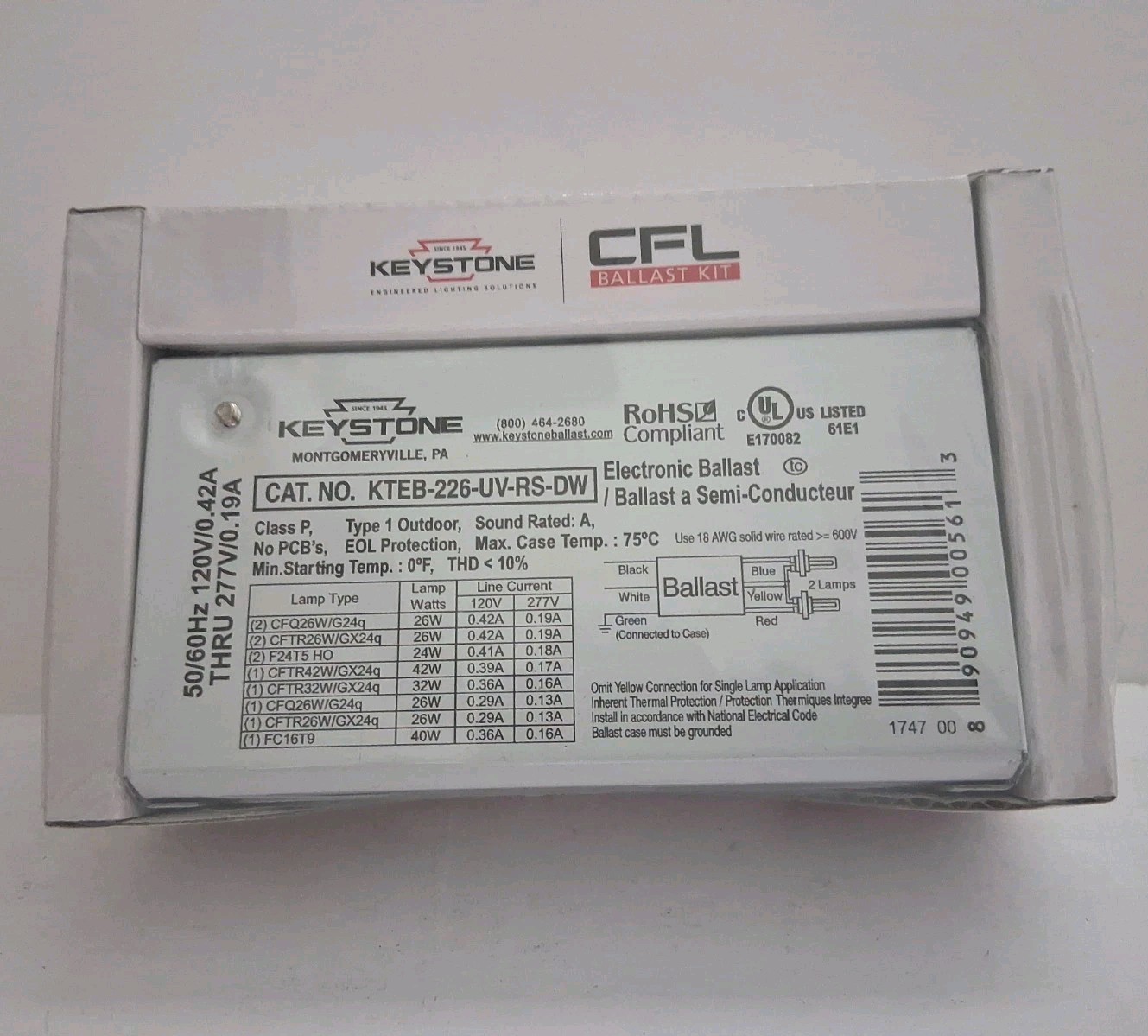 Keystone CFL KTEB-226-UV-RS-DW 50/60Hz 120V/0.42A Ballast Kit