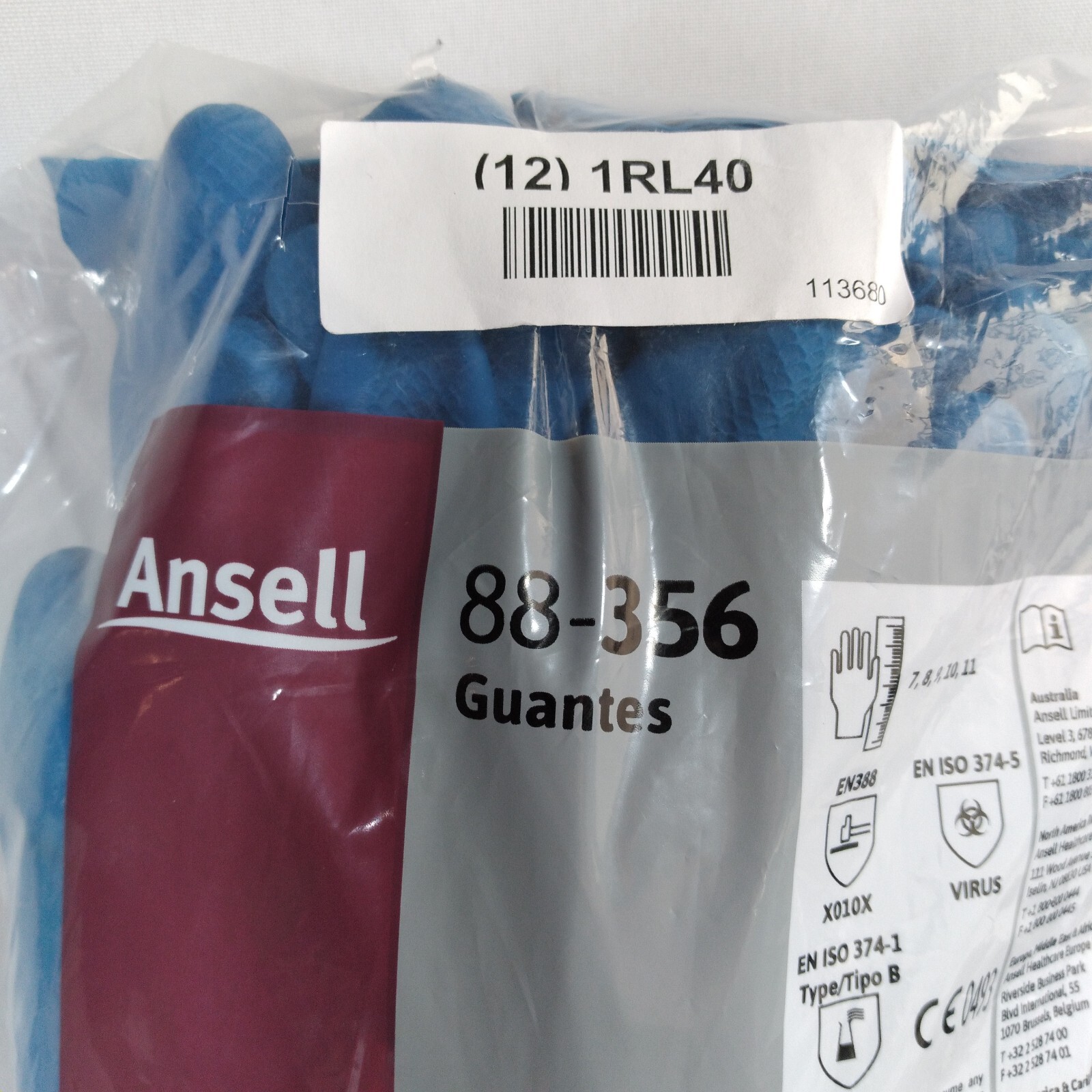 Ansell 88-356 ~ 12 Pair NEW Blue Rubber Latex Gloves Size 8