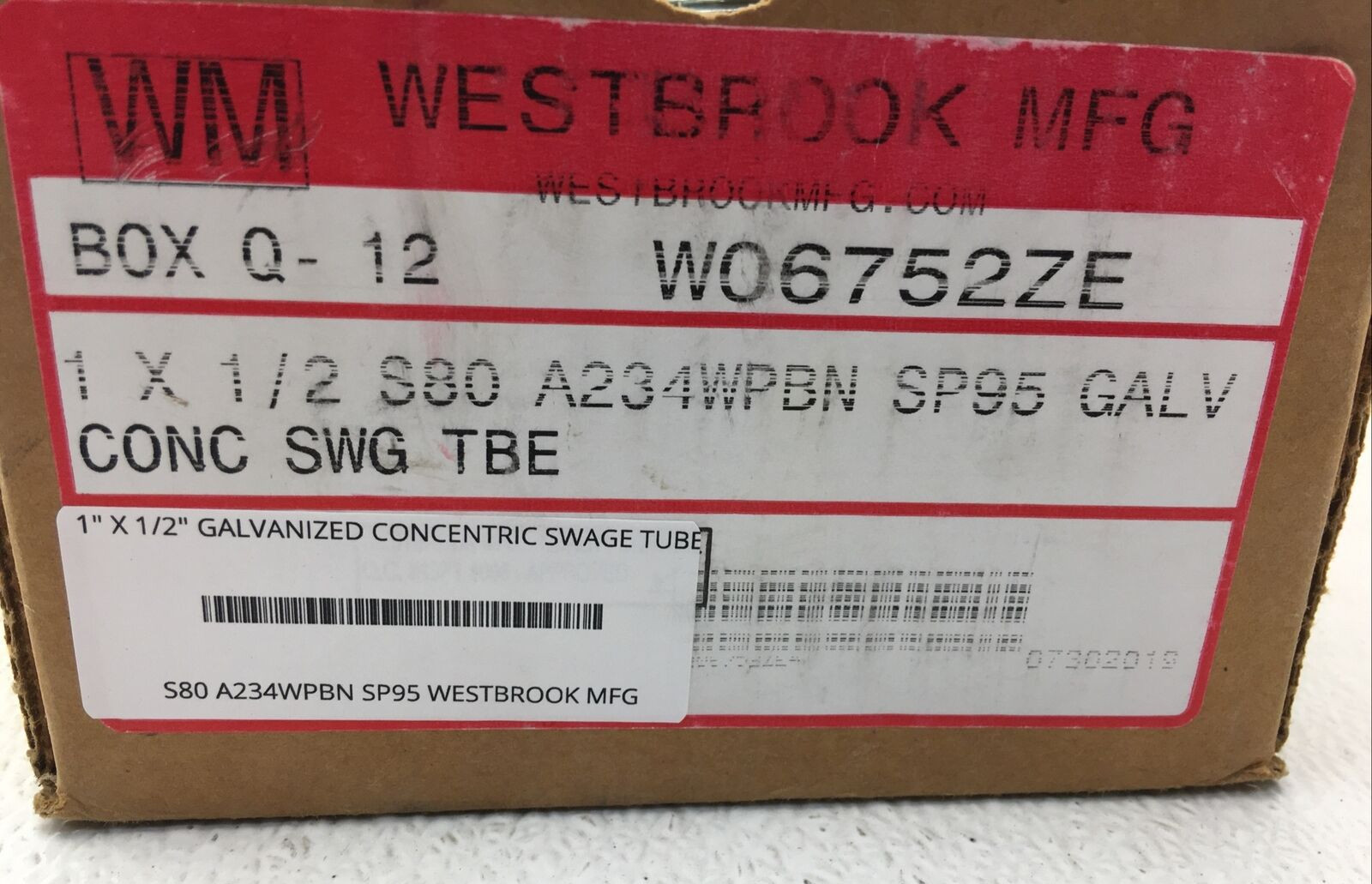 S80 A234WPBN SP95 WESTBROOK 1″ X 1/2″ GALVANIZED CONCENTRIC SWAGE TUBE FITTING