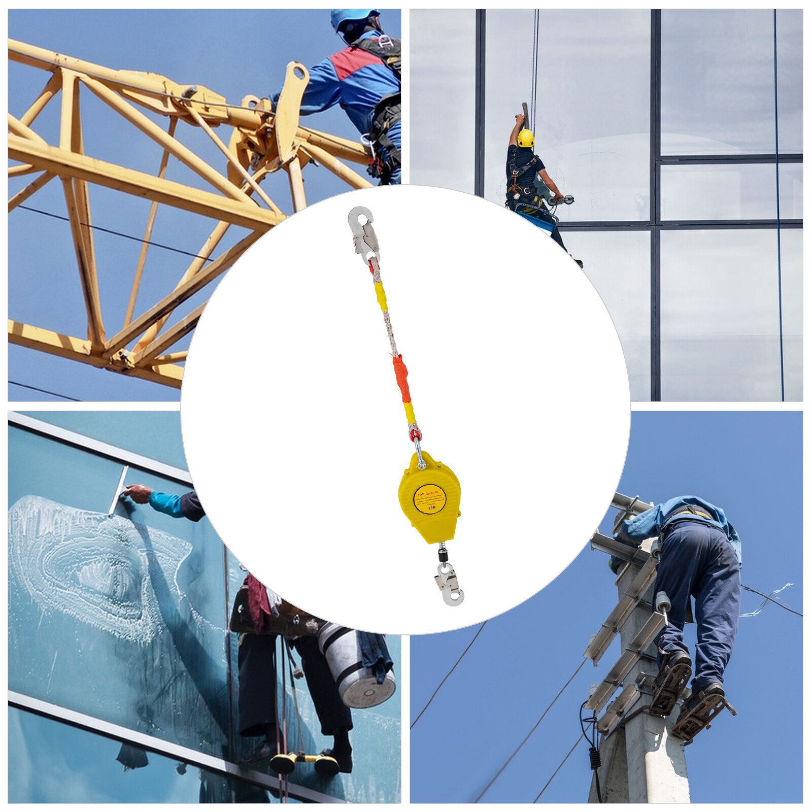 15M Self-Retracting Fall Arrester with Double Locking Hook, 150kg Capacity